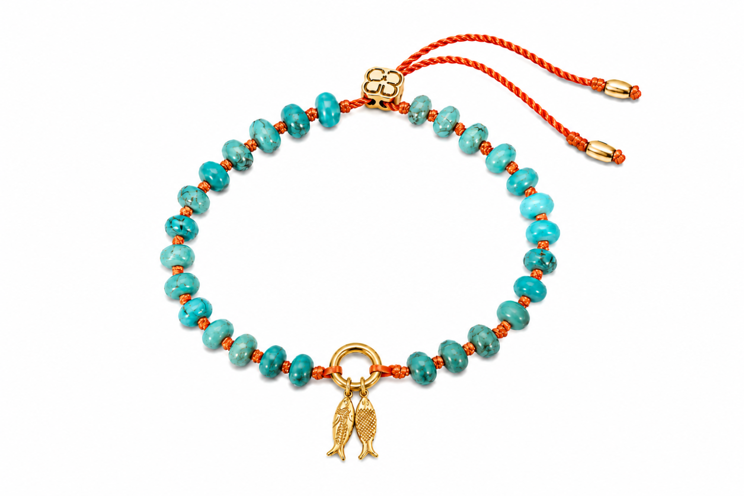 Zaha Turquoise & Orange Gold Charm Carrier Bracelet featuring turquoise howlite gemstone beads, coral-orange cord and a waterproof 14k gold PVD charm carrier clasp.