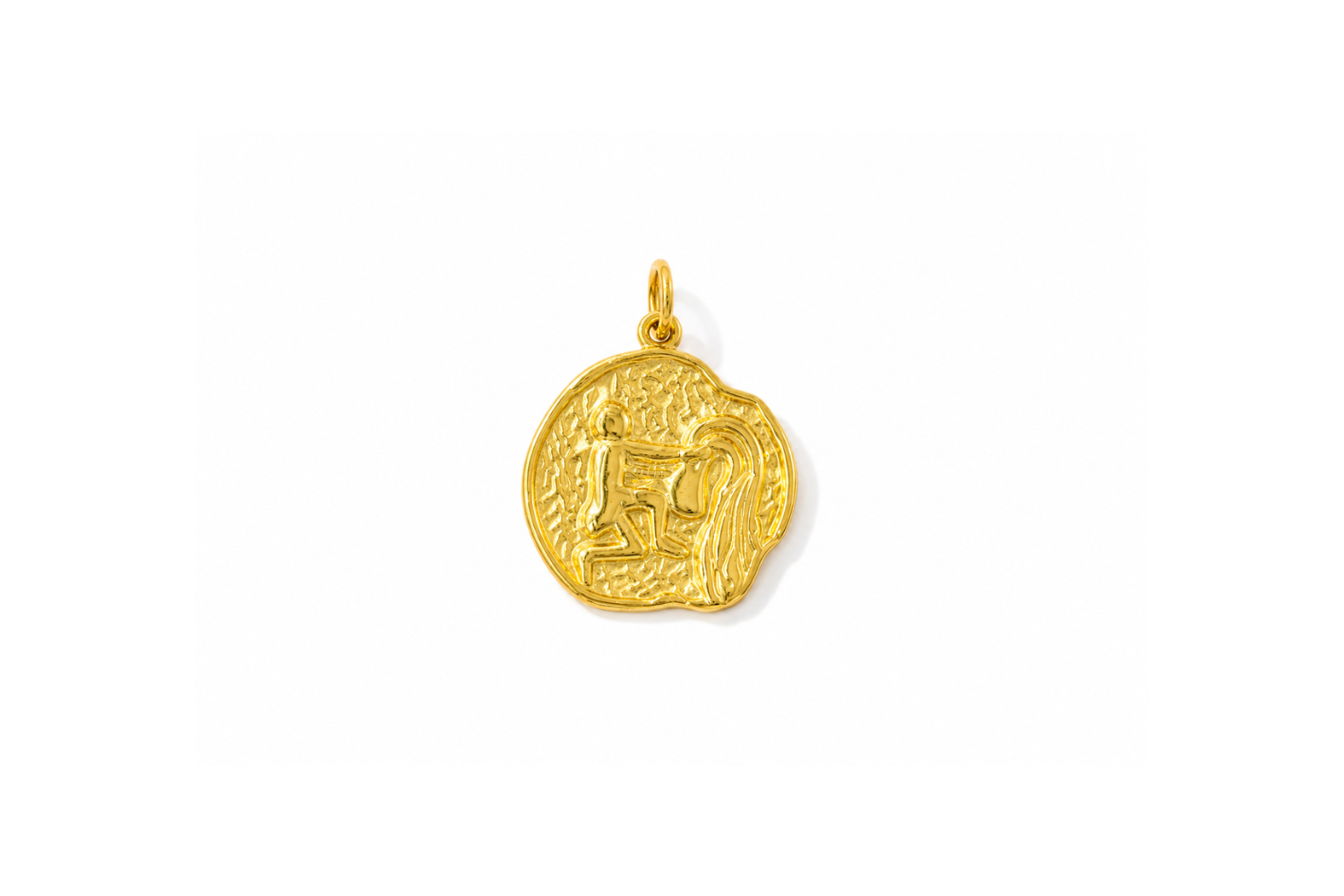 Zaya Aquarius Gold Waterproof Zodiac Charm featuring a textured coin-inspired design with a raised Aquarius symbol in waterproof 14k Gold PVD-coated stainless steel.