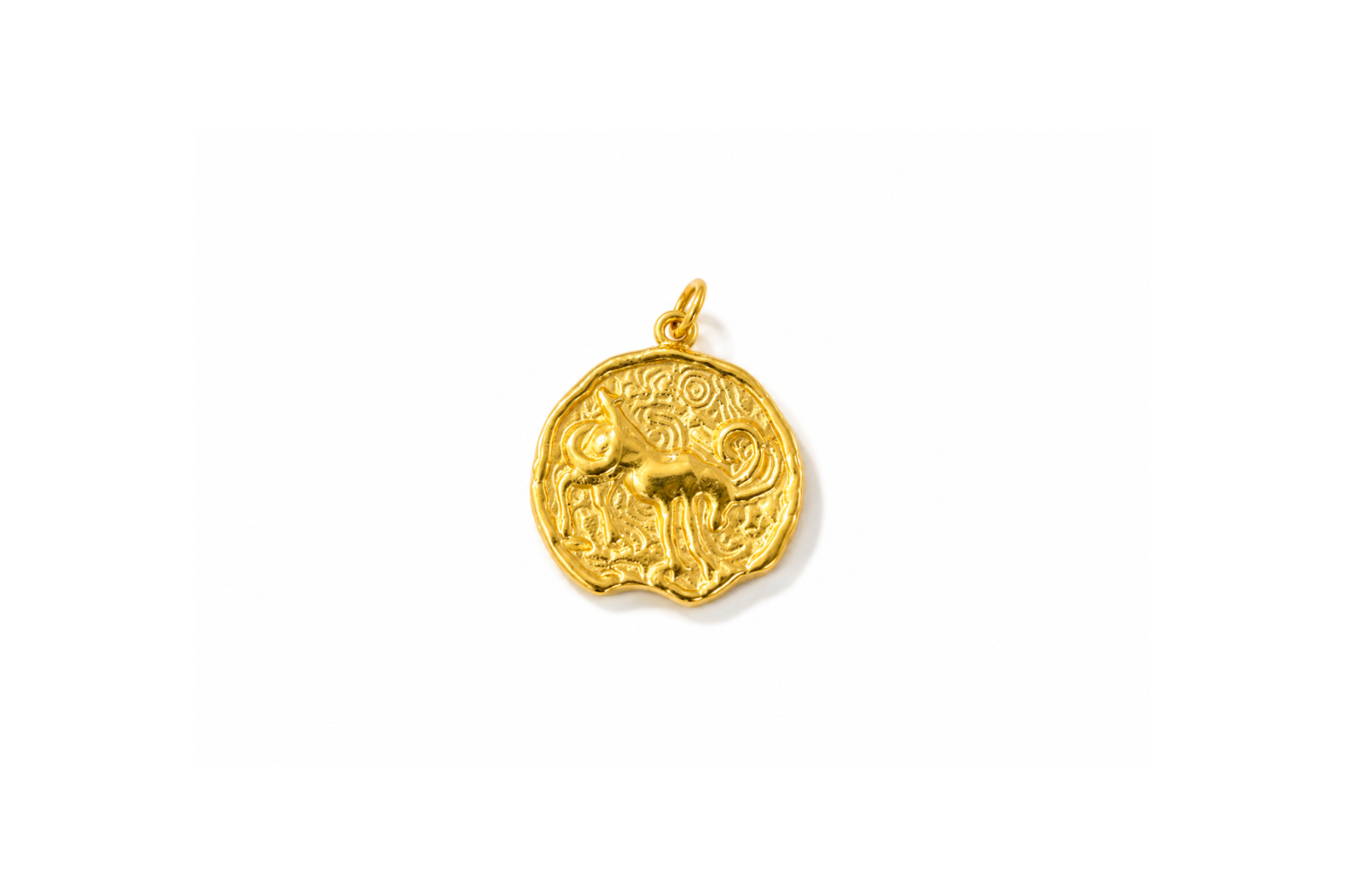 Zaya Capricorn Gold Waterproof Zodiac Charm featuring a textured coin-inspired design with a raised Capricorn symbol in waterproof 14k Gold PVD-coated stainless steel.