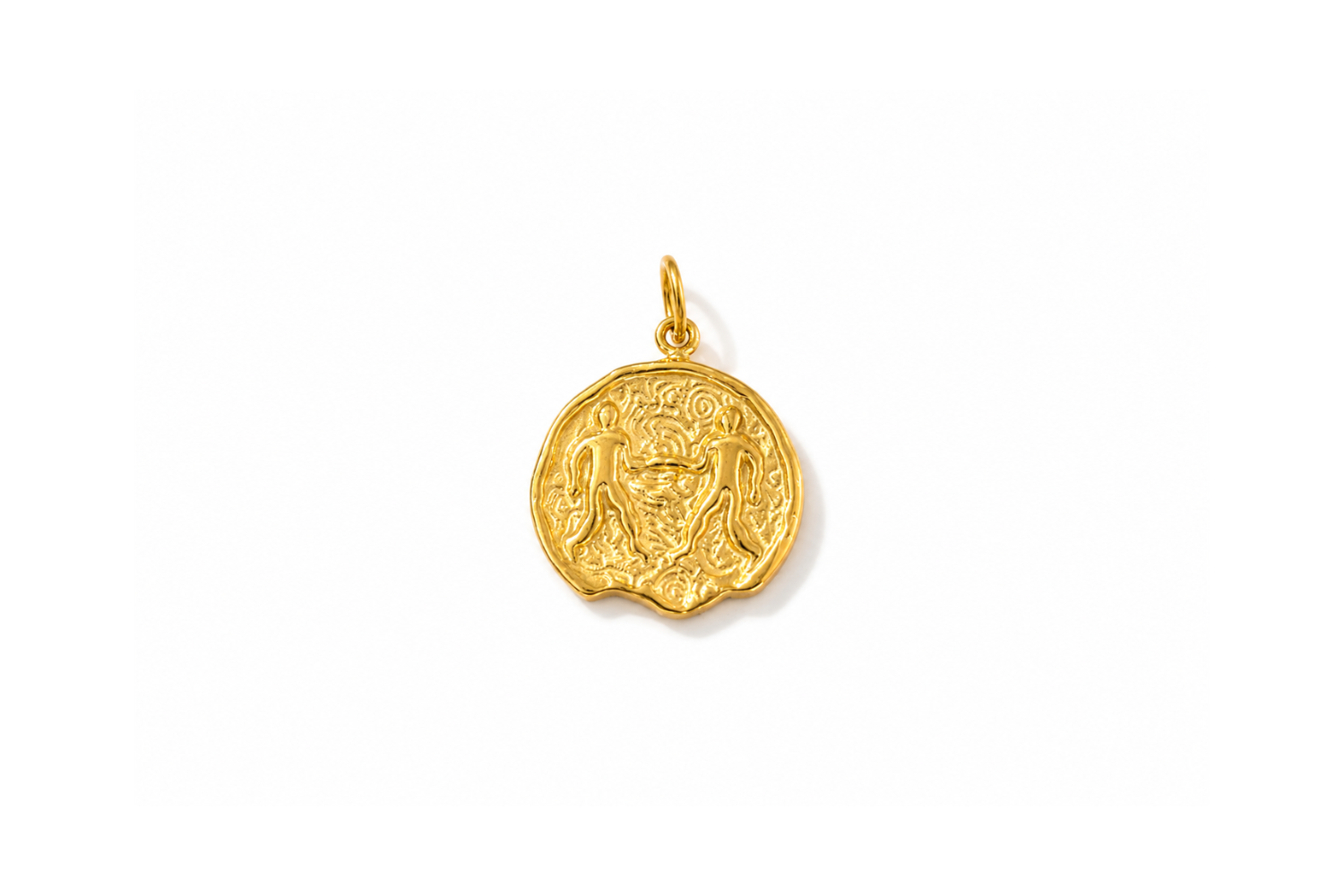 Zaya Gemini Gold Waterproof Zodiac Charm featuring a textured coin-inspired design with a raised Gemini symbol in waterproof 14k Gold PVD-coated stainless steel.