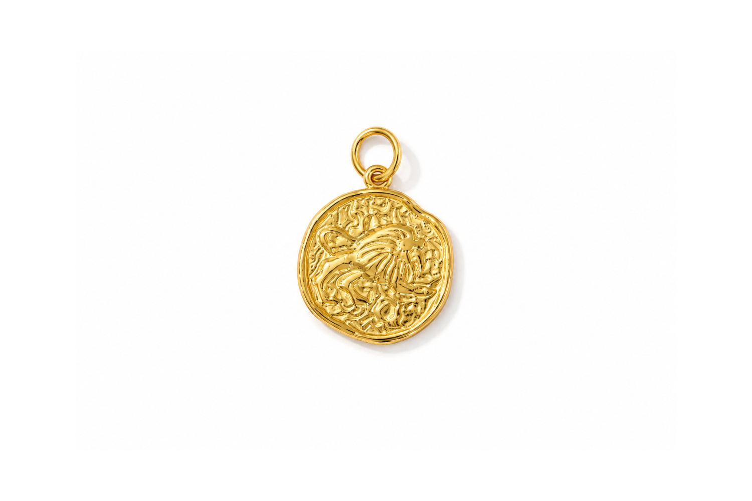 Zaya Leo Gold Waterproof Zodiac Charm featuring a textured coin-inspired design with a raised Leo symbol in waterproof 14k Gold PVD-coated stainless steel.