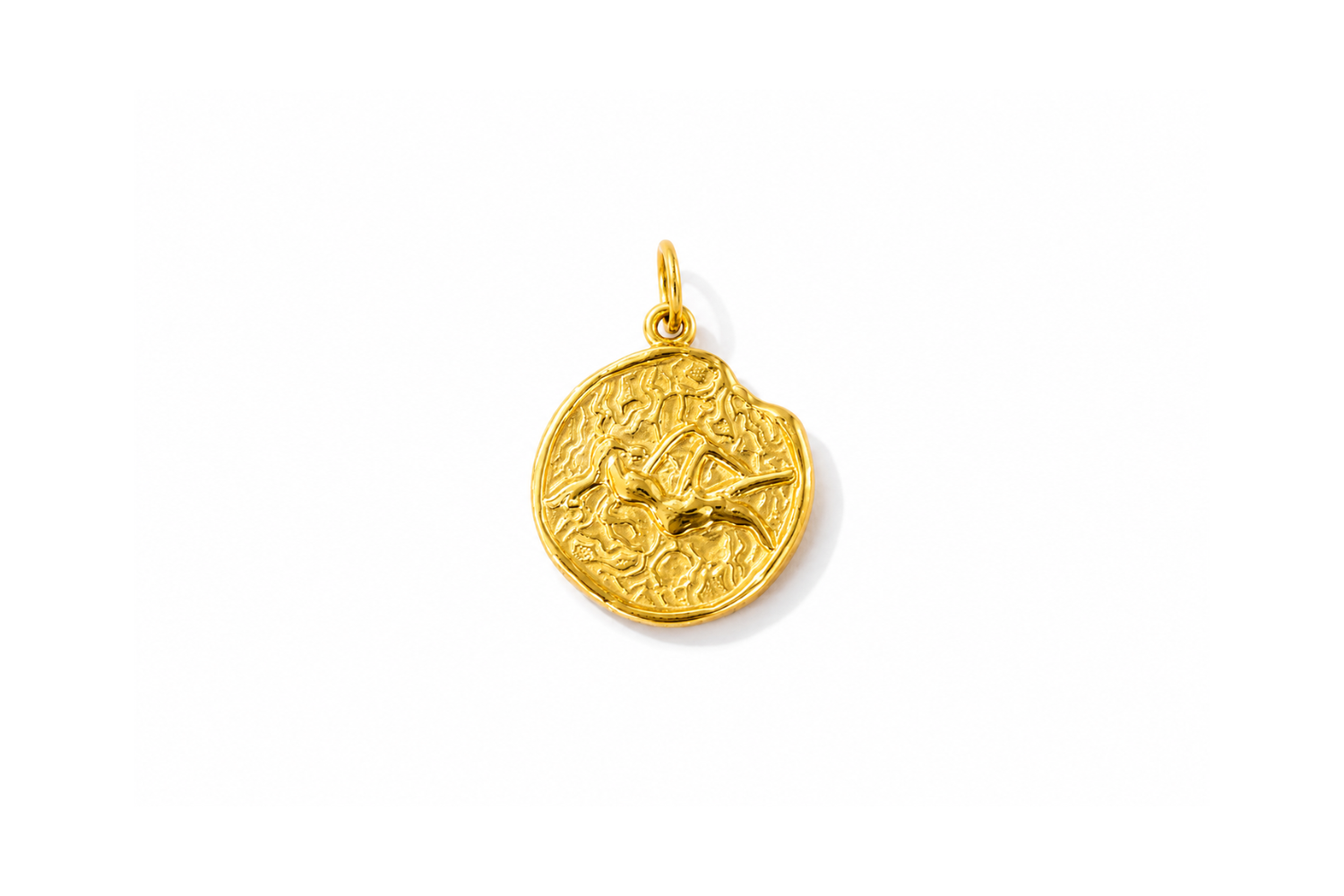 Zaya Virgo Gold Waterproof Zodiac Charm featuring a textured coin-inspired design with a raised Virgo symbol in waterproof 14k Gold PVD-coated stainless steel.