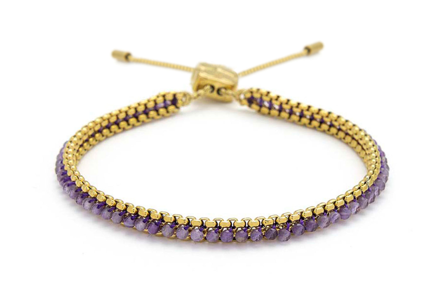 Zena Amethyst Gold Braided Bracelet featuring deep violet amethyst gemstones, delicate 12k gold-plated chain details, and an adjustable slider fastening.