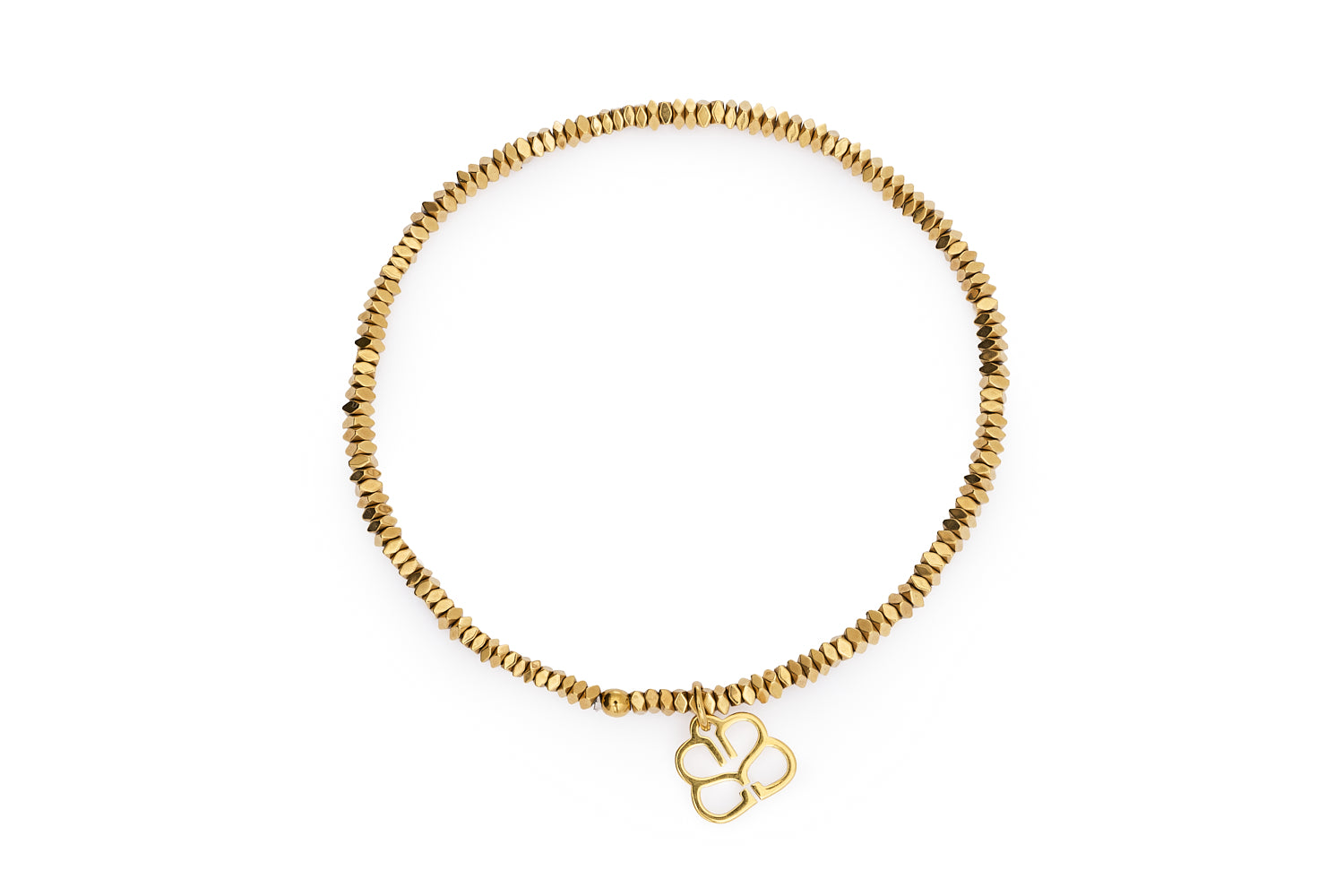 Zora Gold Bead Layering Bracelet featuring mini faceted 14k gold PVD-coated beads with a BB clover charm in an 18cm stretch fit design.