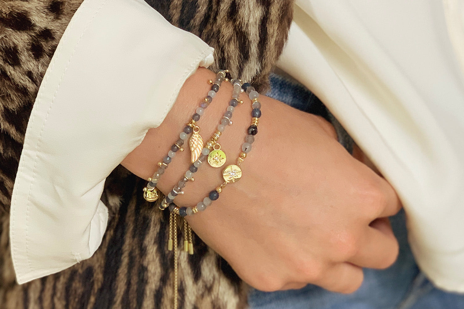 Nashira Denim & Gold Wing Charm Gemstone Bracelet - Boho Betty