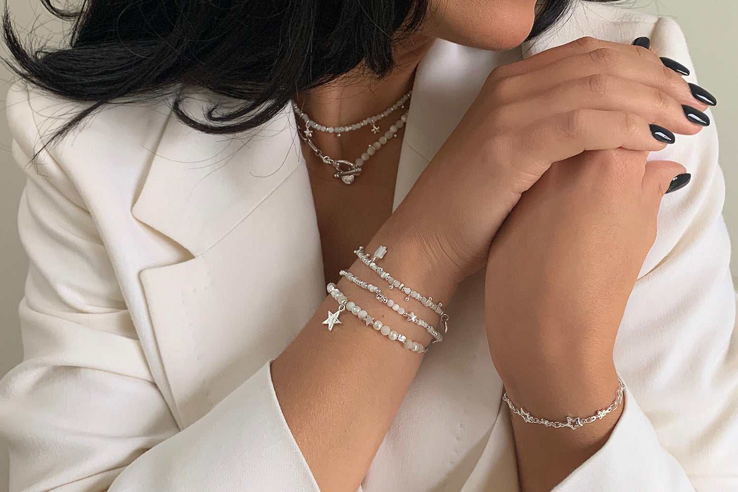 Sirius Silver Pearl & Star Charm Bracelet - Boho Betty