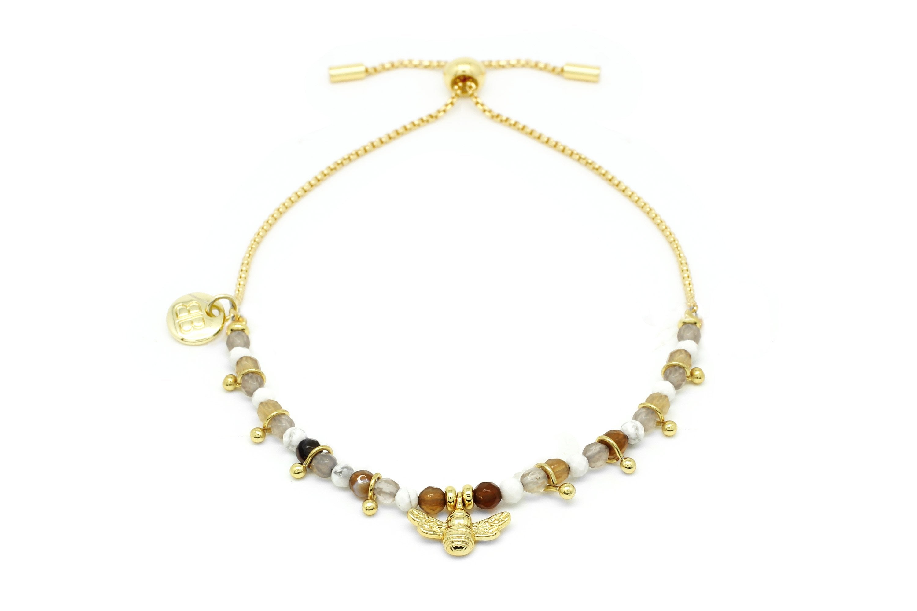 Honeybee Gemstone & Gold Bee Charm Bracelet - Boho Betty