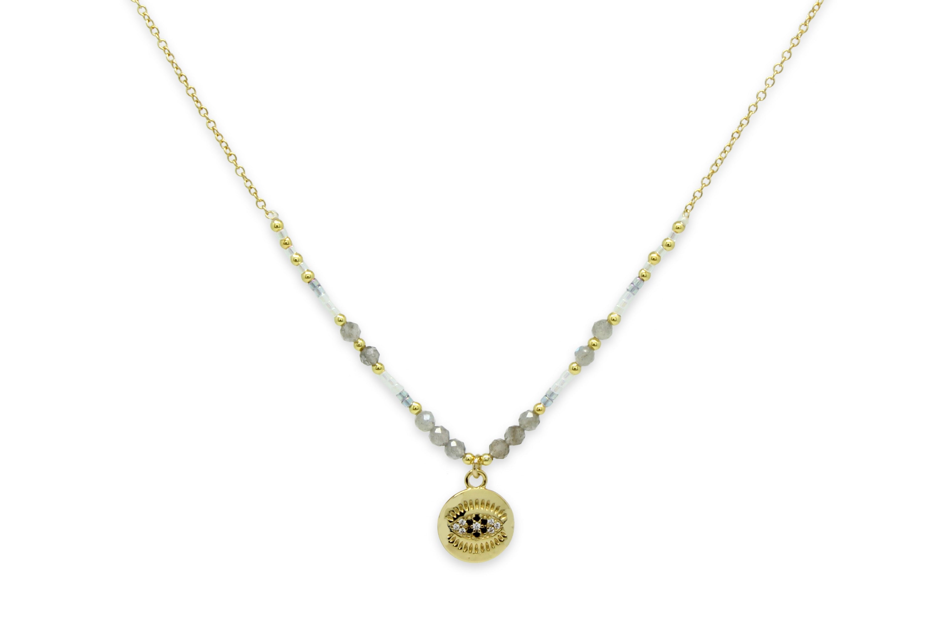 Fortuna Labradorite Gold Evil Eye Necklace - Boho Betty