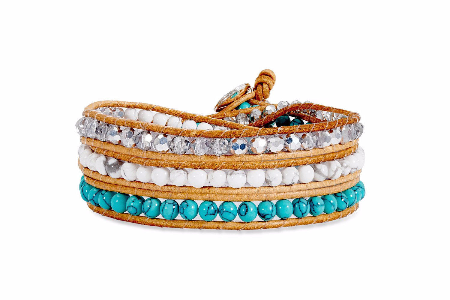 Baku Tan leather 3 Wrap Crystal  Bracelet with Turquoise and White Balls - Boho Betty
