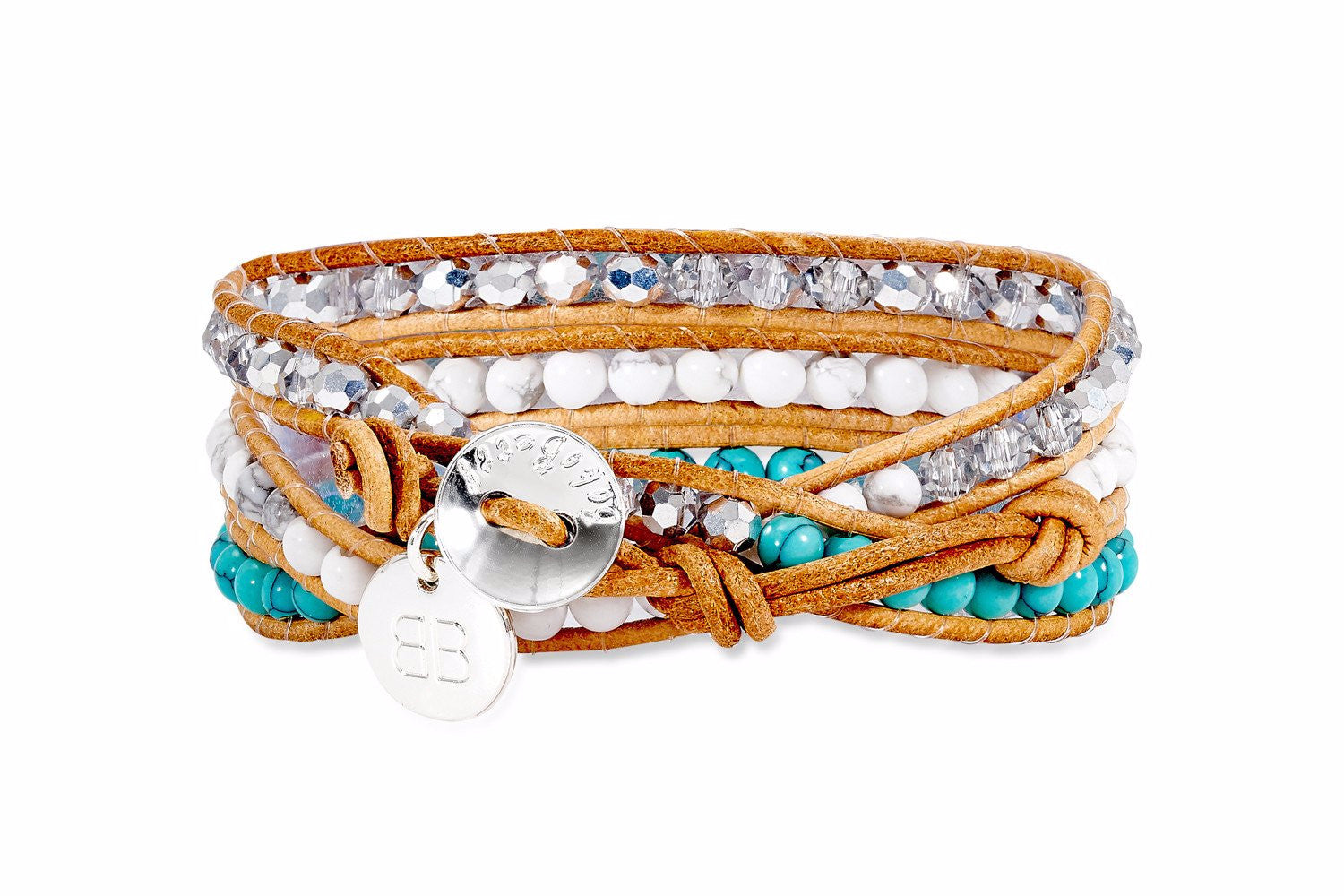 Baku Tan leather 3 Wrap Crystal  Bracelet with Turquoise and White Balls - Boho Betty