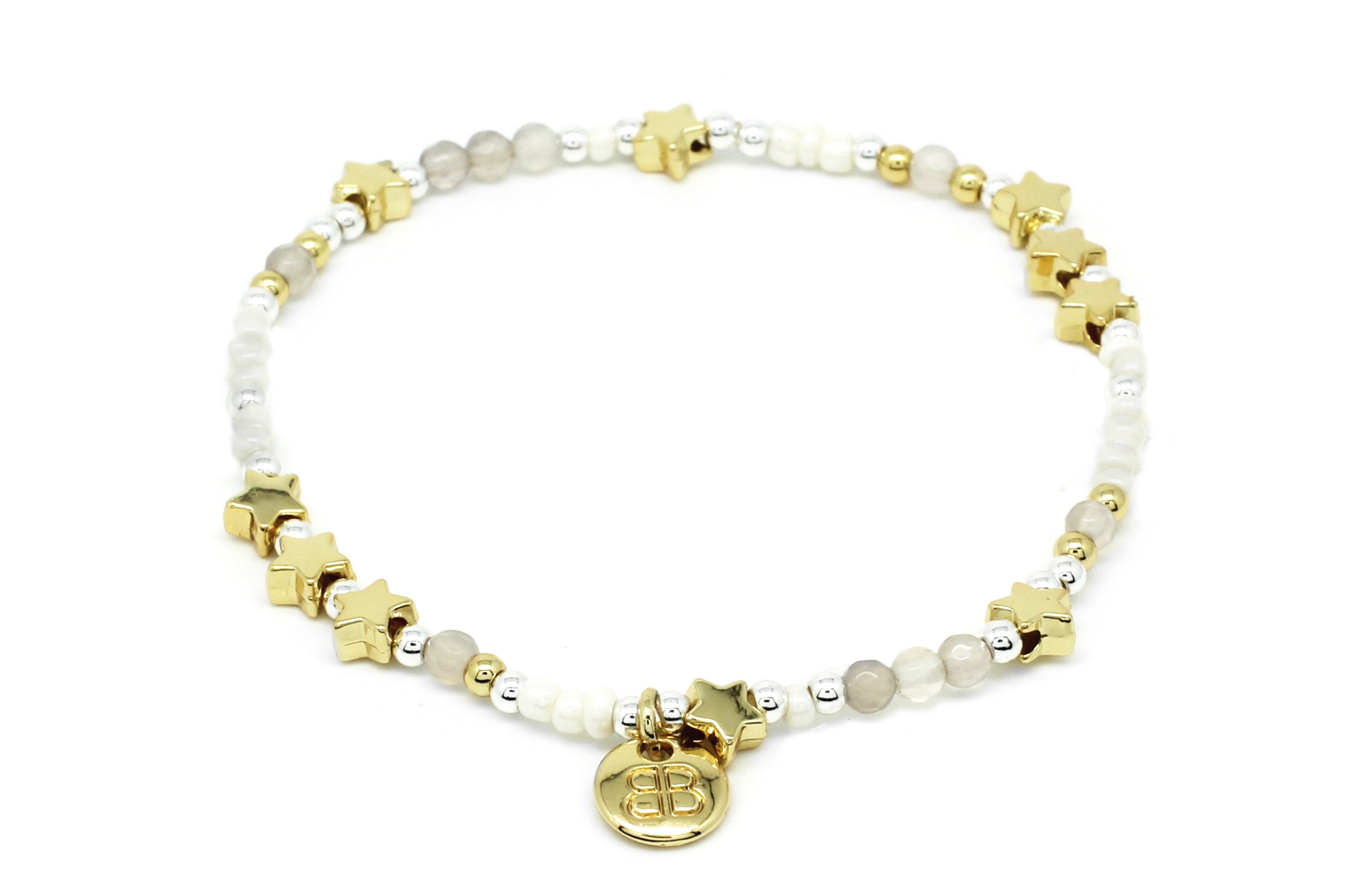 Porrima Pearl & Gold Star Charm Stretch Bracelet - Boho Betty