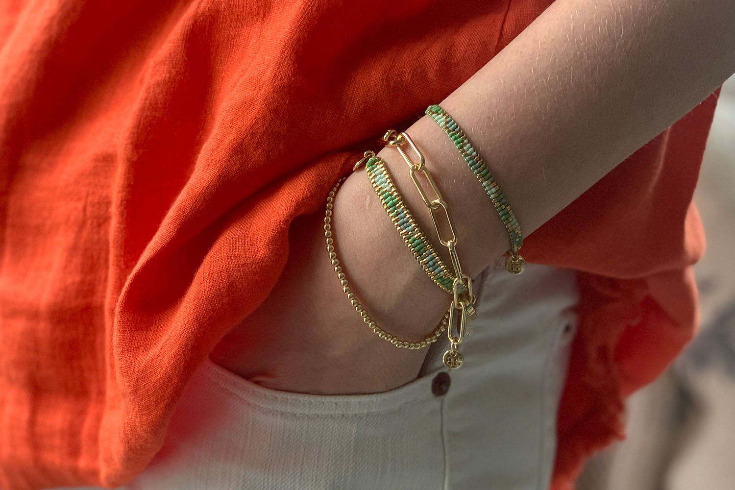 Venus Point Green & Gold Beaded Bracelet - Boho Betty