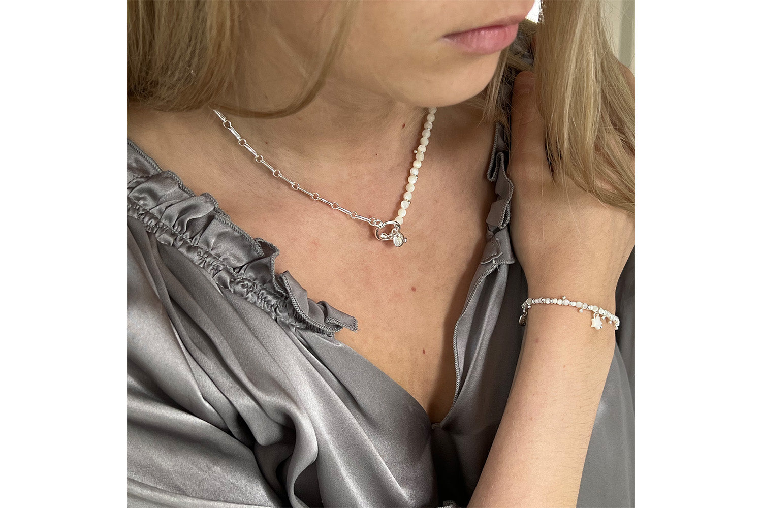Silver Pearly Gemstone Necklace and Bracelet Gift Set - Boho Betty