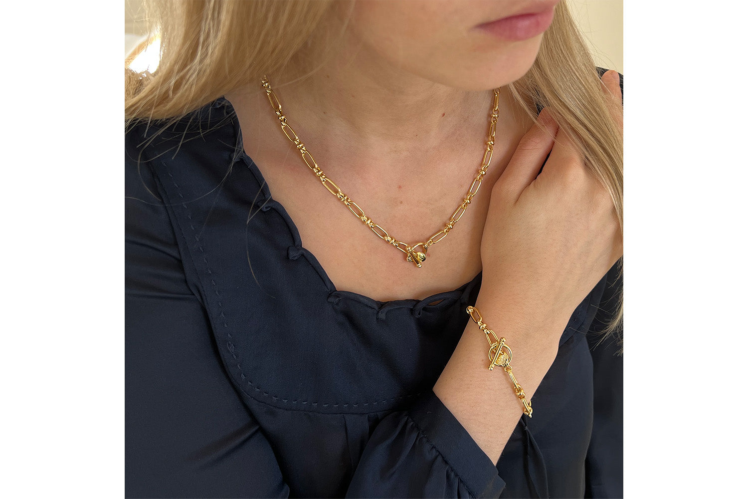 Gold T-Bar Necklace and Bracelet Gift Set - Boho Betty