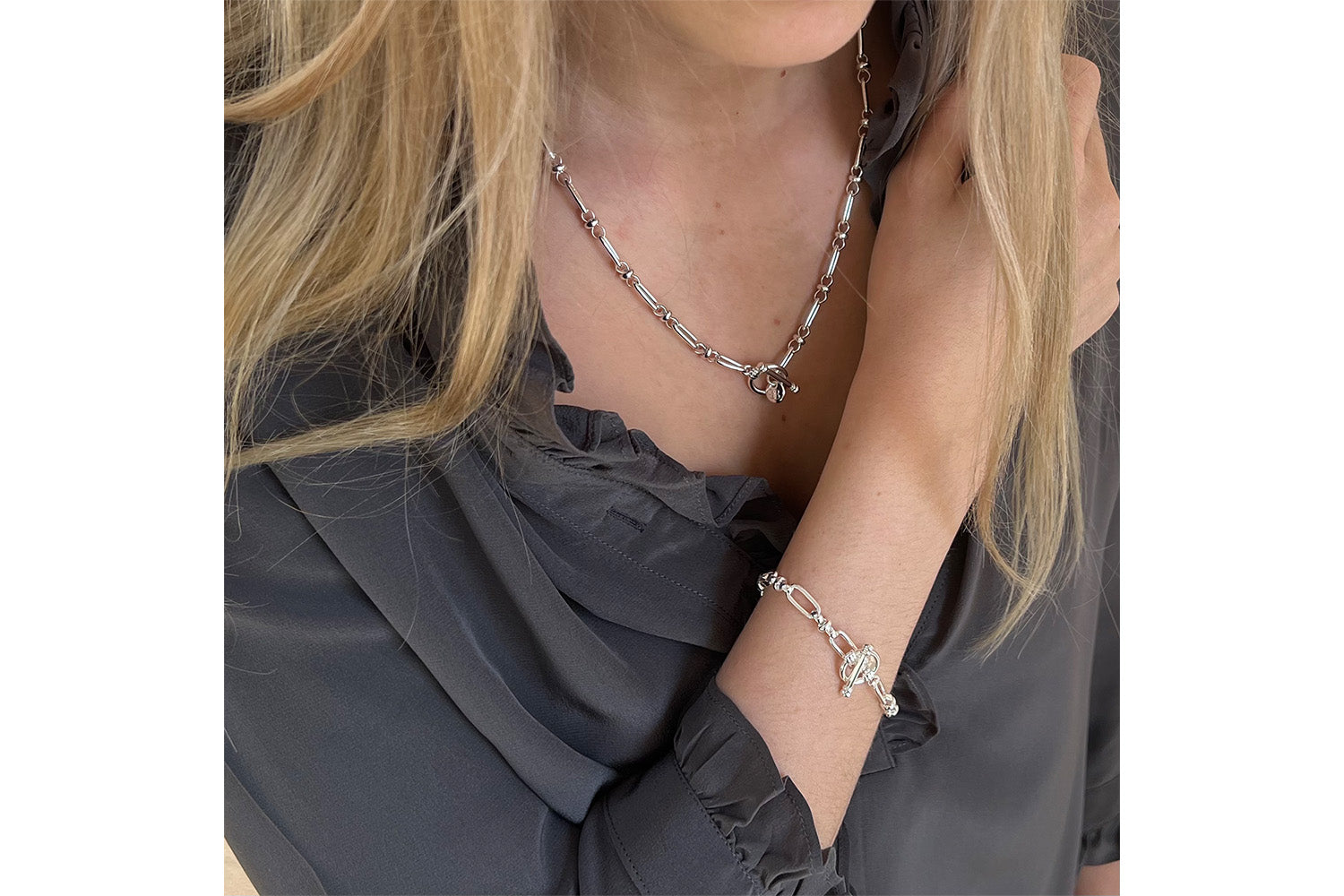 Silver T-Bar Necklace and Bracelet Gift Set - Boho Betty