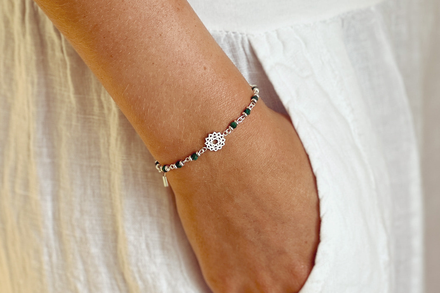 Heart Chakra Gemstone Silver Bracelet - Boho Betty