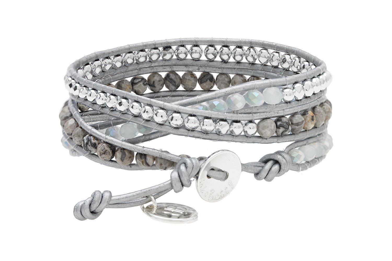 Jakarta metallic Silver Leather 3 Wrap Crystal & Agate Bracelet - Boho Betty