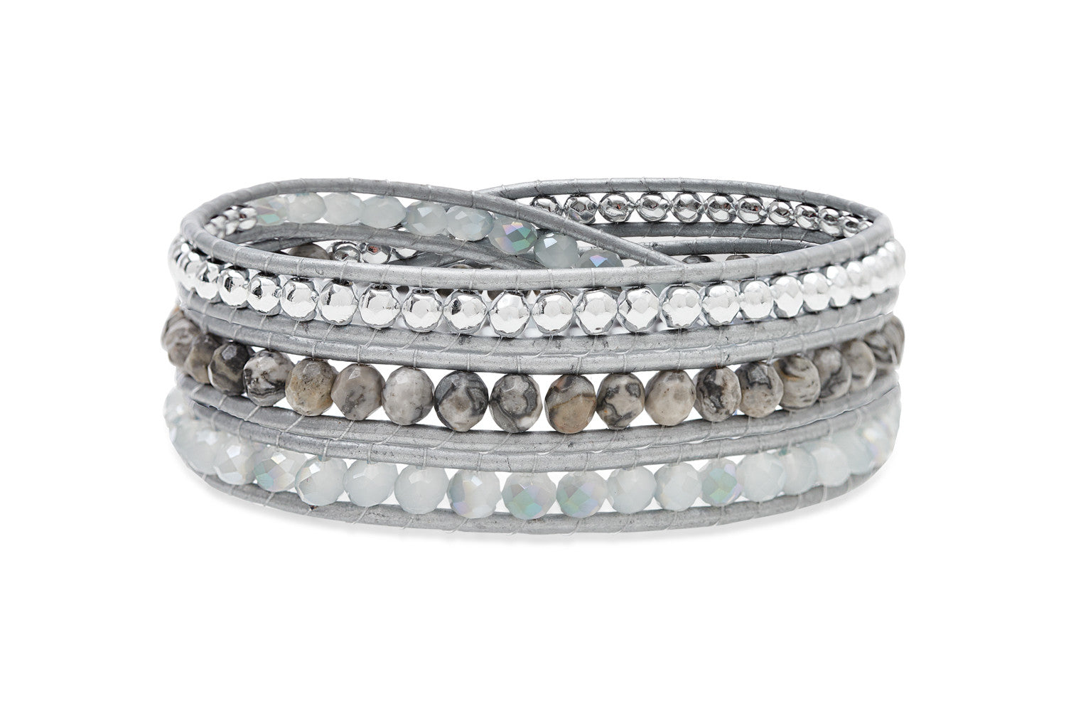 Jakarta metallic Silver Leather 3 Wrap Crystal & Agate Bracelet - Boho Betty