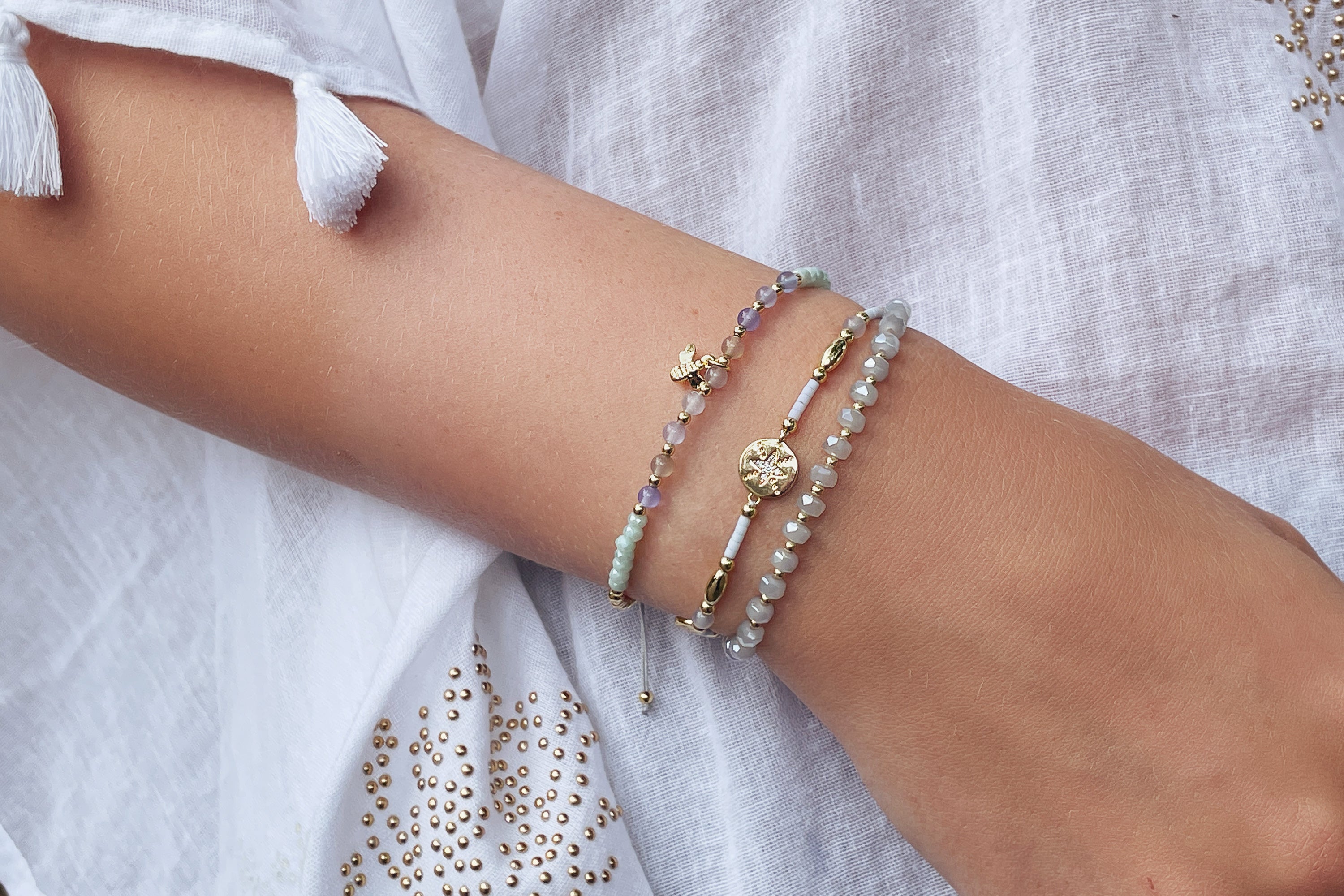 Prunus Grey Crystal Stretch Bracelet Boho Betty