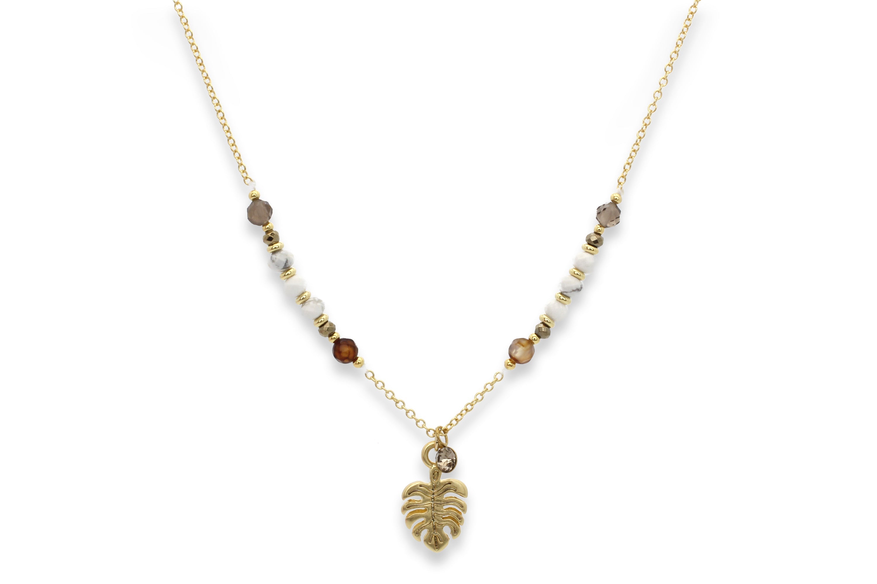 Monstera Leaf Pendant Gemstone Necklace - Boho Betty