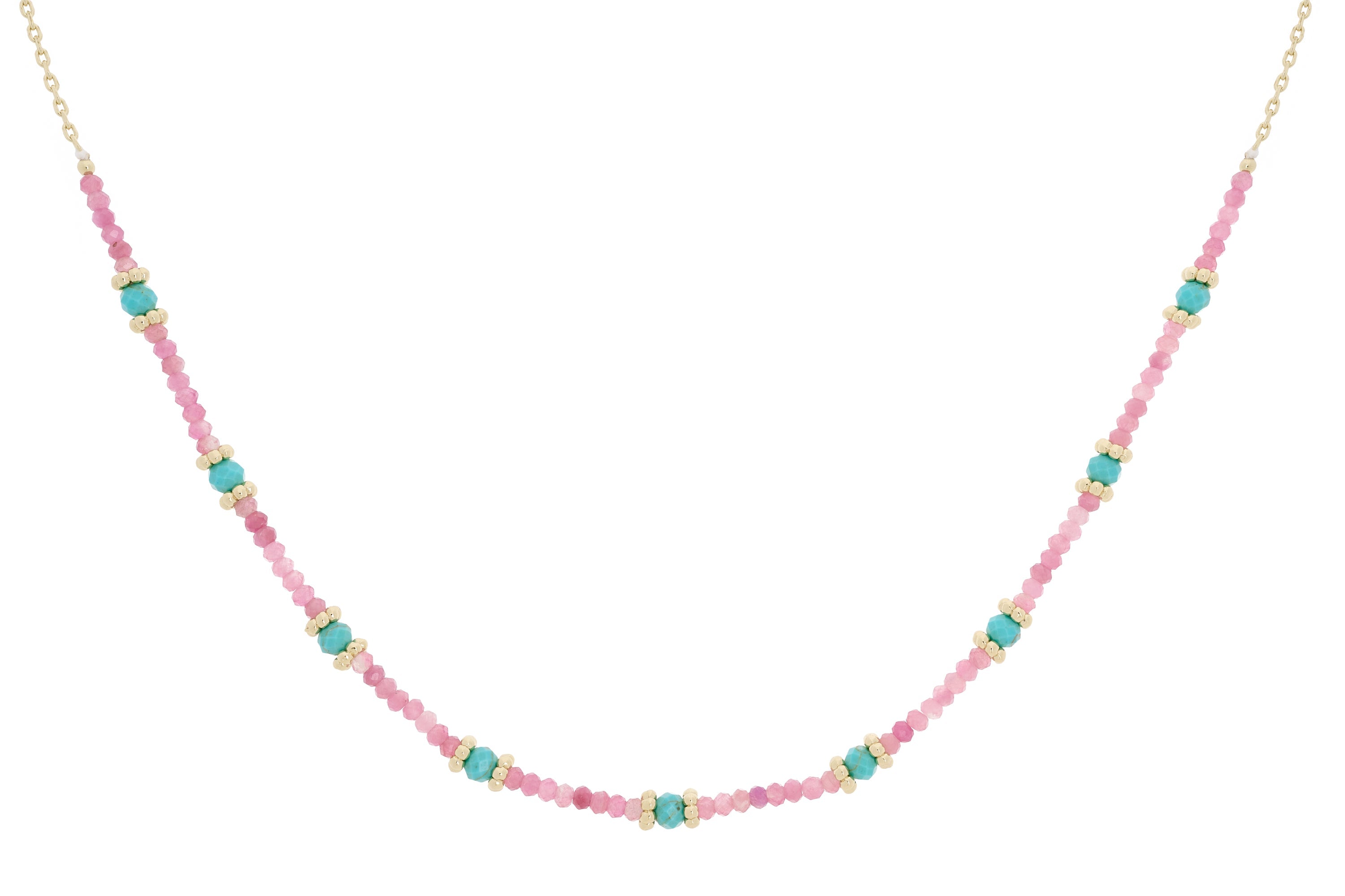 Syros Pink Tourmaline Turquoise Gemstone Gold Necklace - Boho Betty