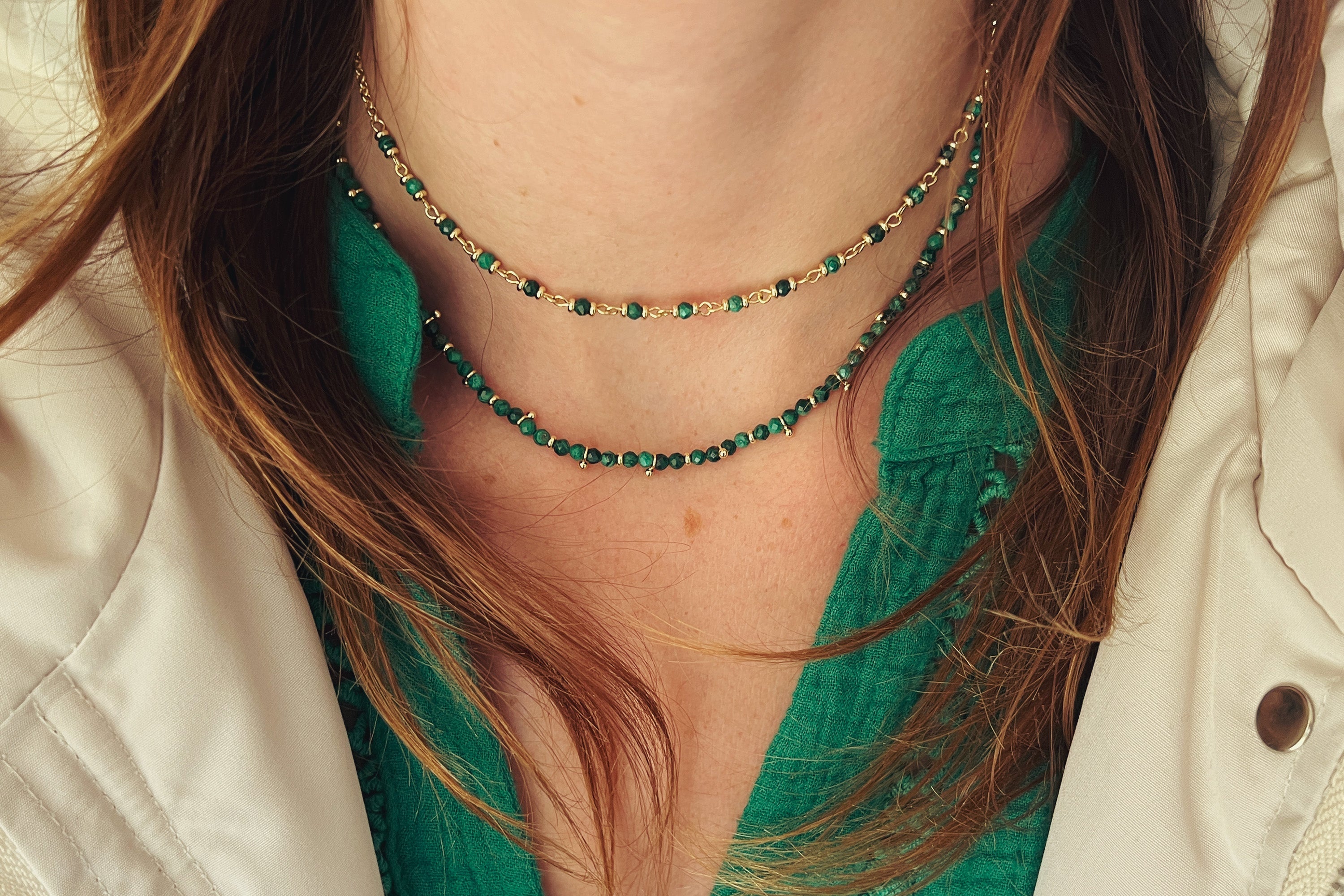 Stack of Malachite Gold Gemstone Necklaces 