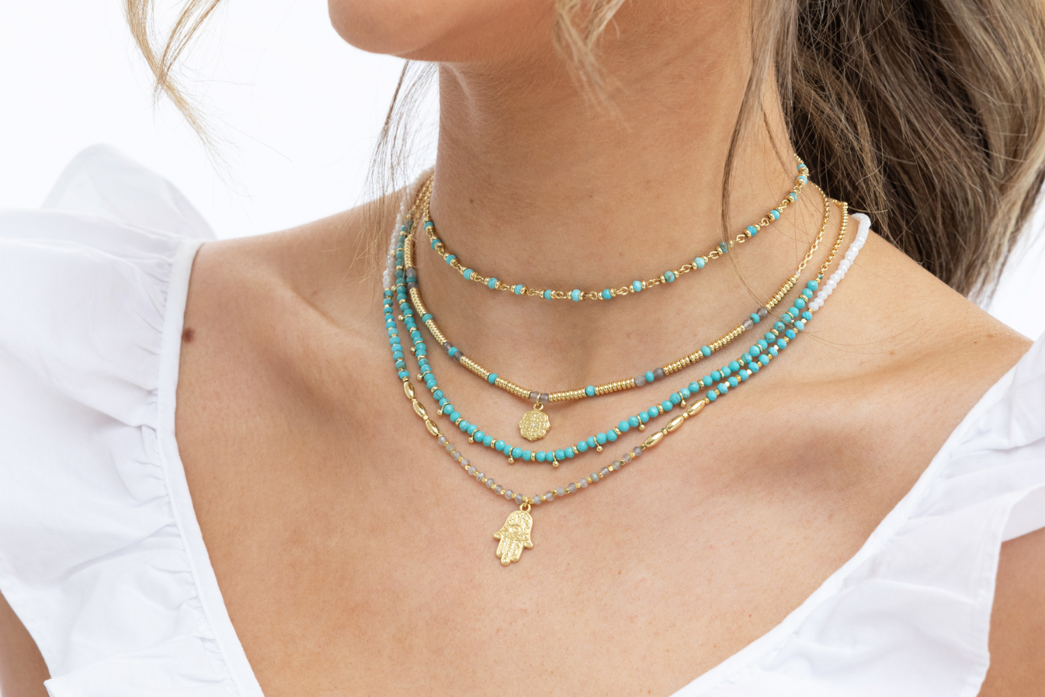 Lieu Turquoise Healing Hand Gold Necklace - Boho Betty