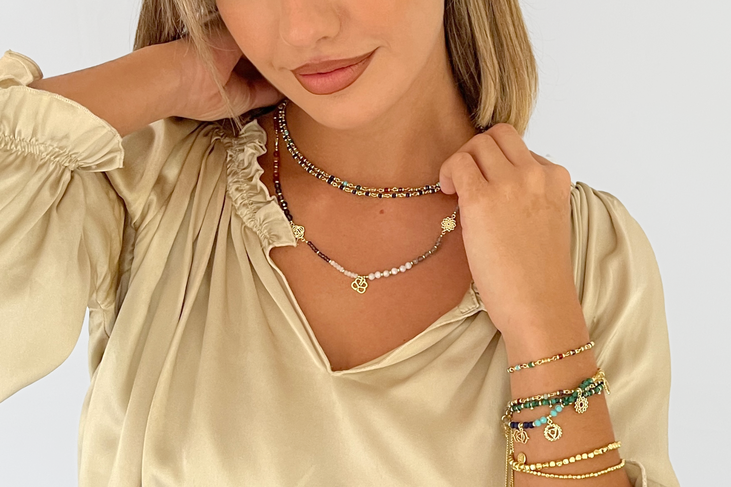 Energy Multi Chakra Gemstone Stretch Gold Bracelet - Boho Betty