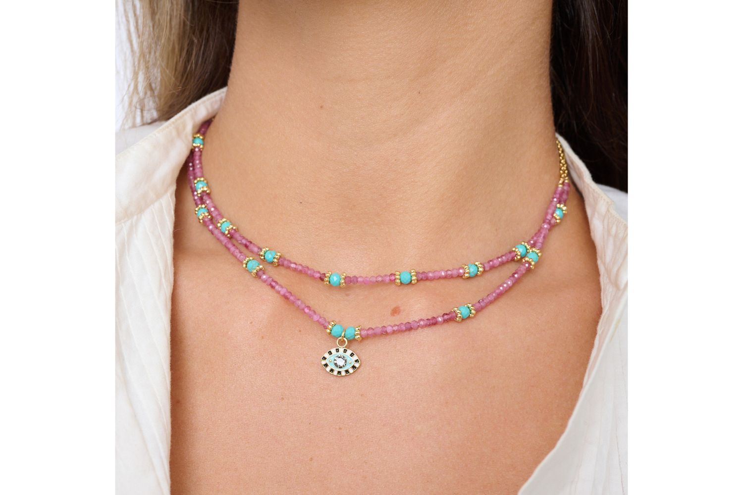 Syros Pink Tourmaline Turquoise Gemstone Gold Necklace - Boho Betty