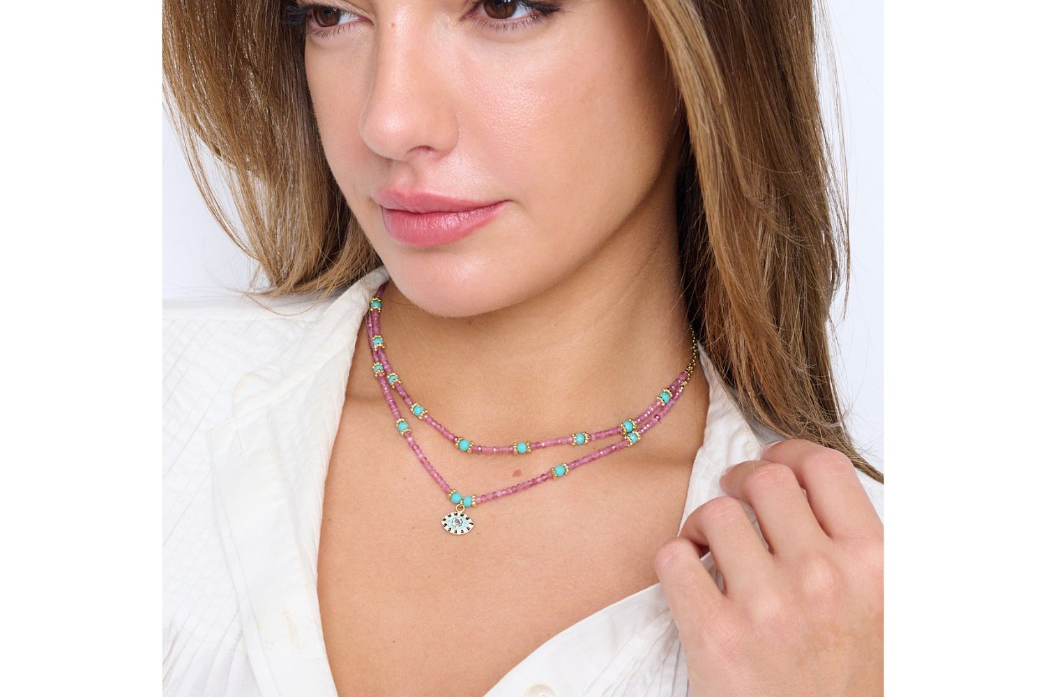 Malocchio Pink Tourmaline Evil Eye Gold Necklace - Boho Betty