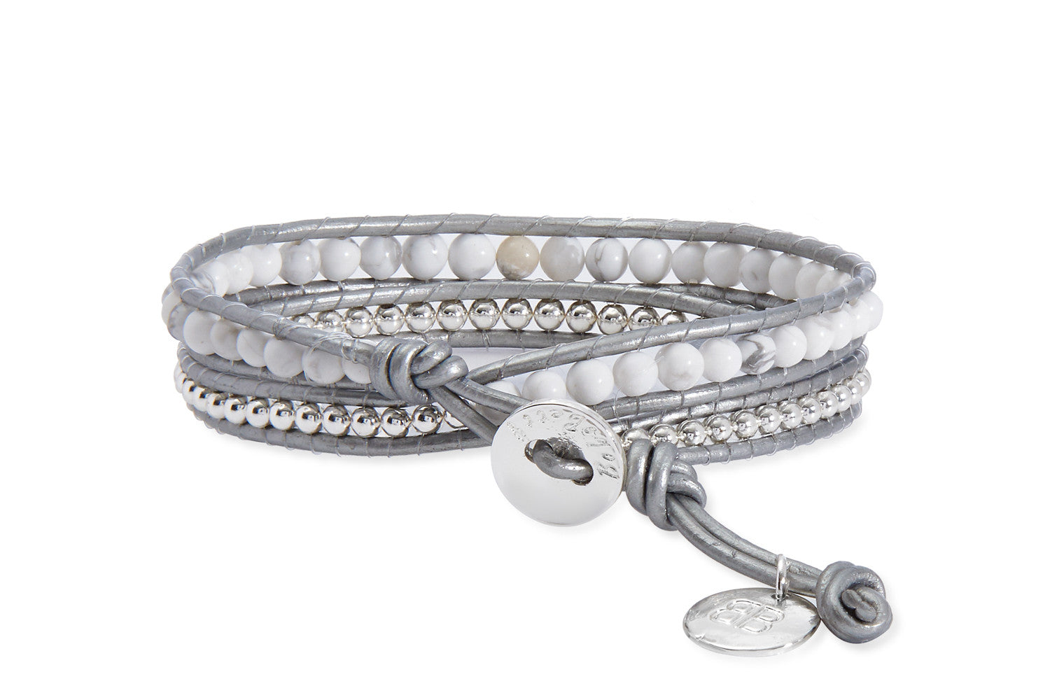 Orion Silver Leather White Jade 2 Wrap Bracelet with Silver Balls - Boho Betty