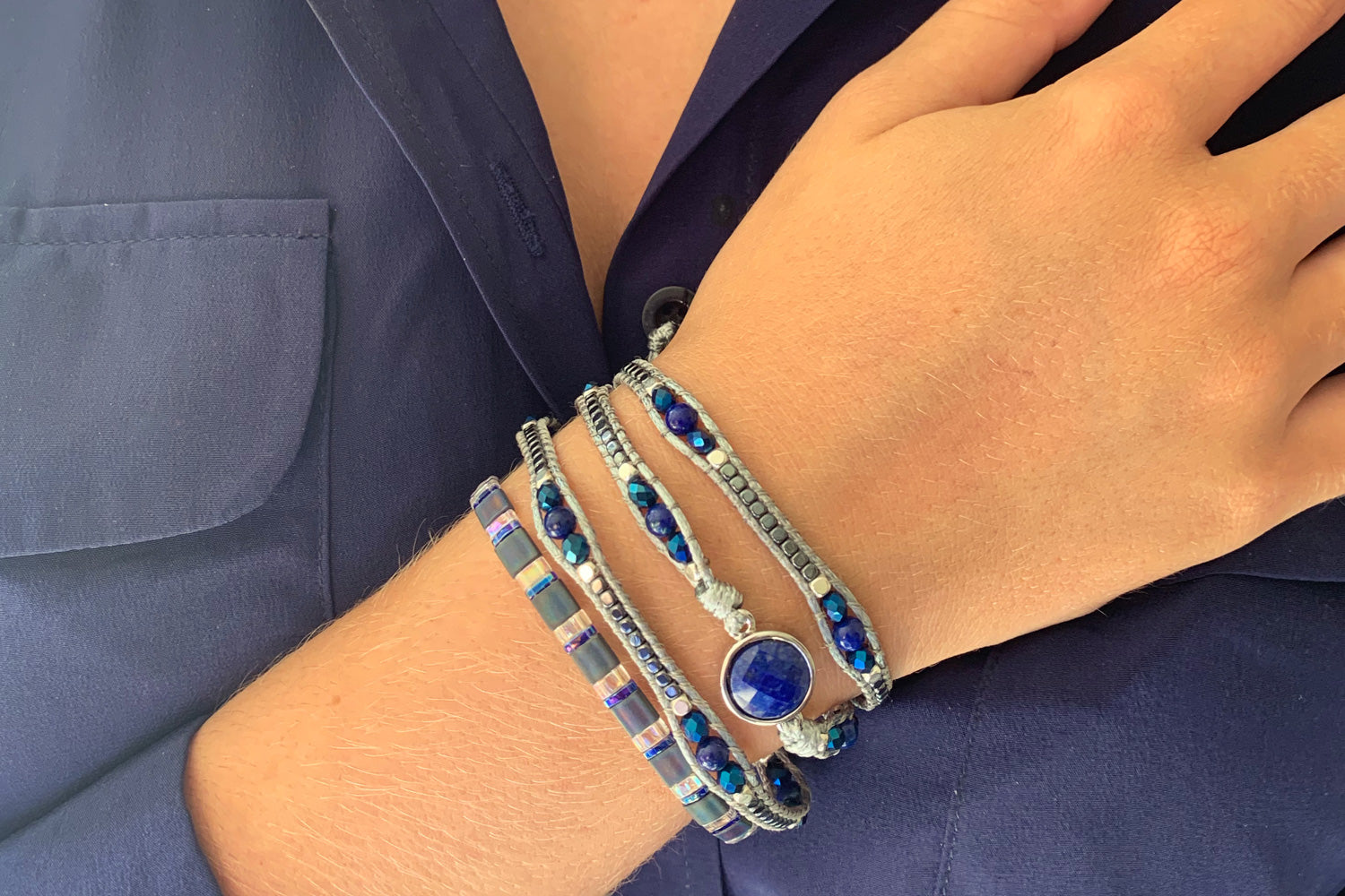 America Blue Lapis Lazuli Gemstone Wrap Bracelet - Boho Betty