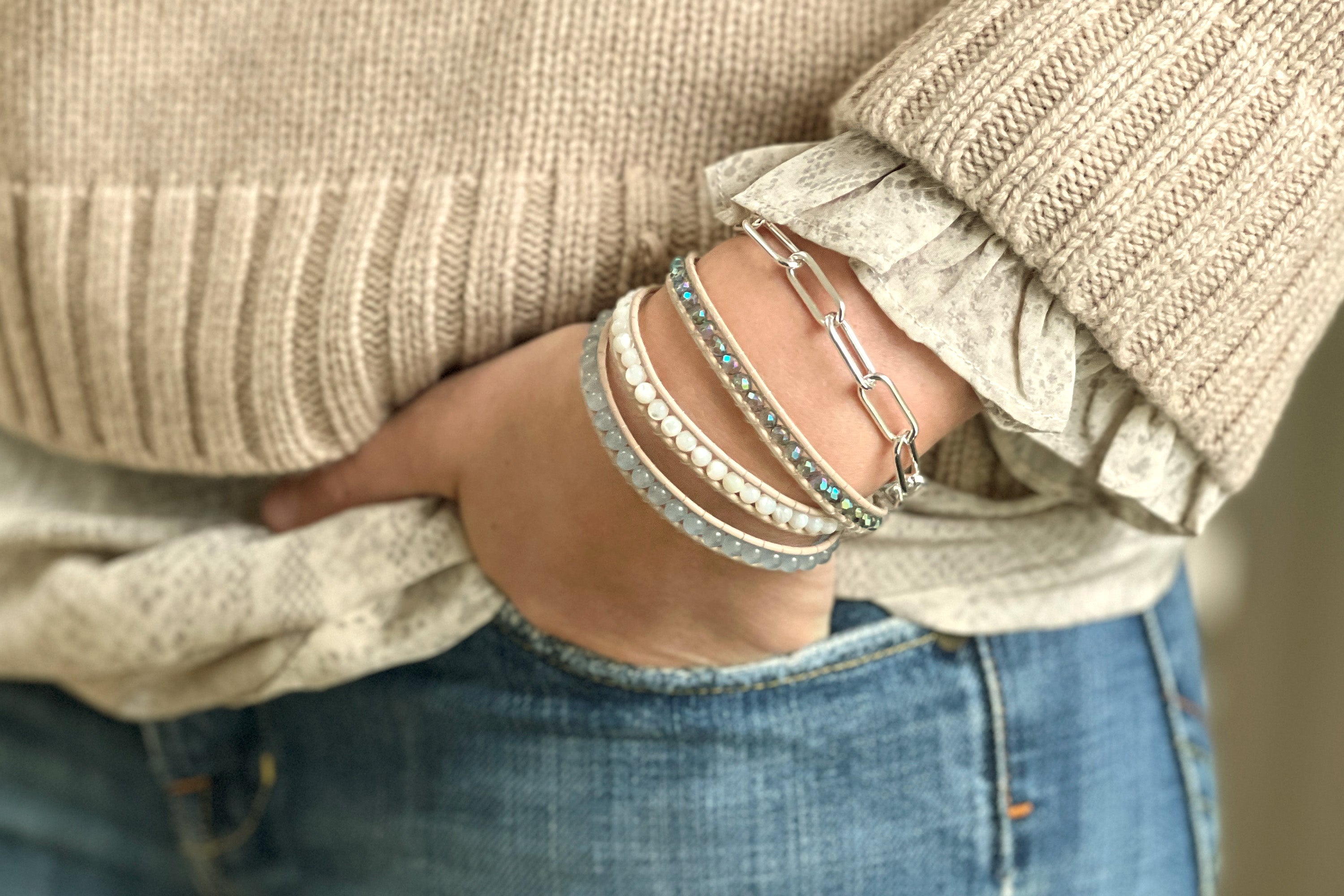 Barcelona Taupe Leather 3 Wrap Blue and White Crystal Bracelet - Boho Betty