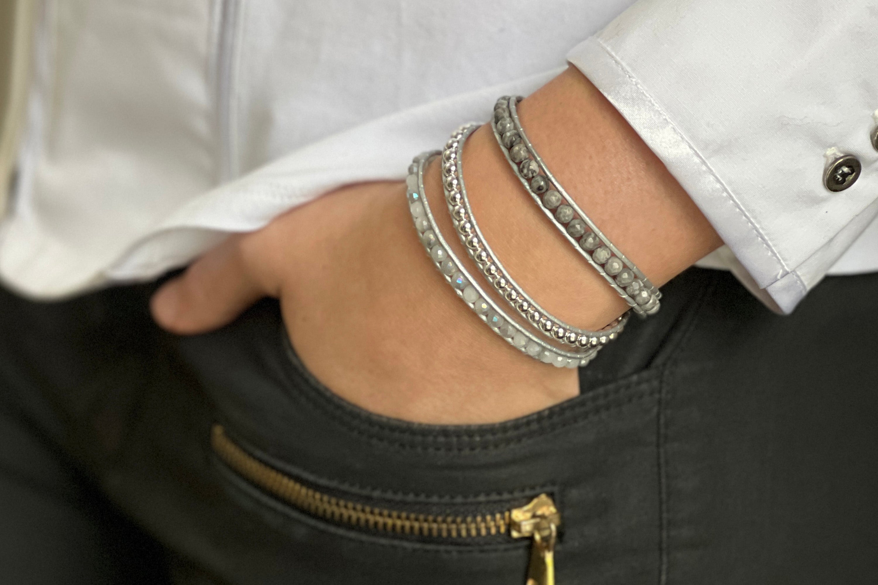 Jakarta Silver Leather 3 Wrap Crystal & Agate Bracelet - Boho Betty
