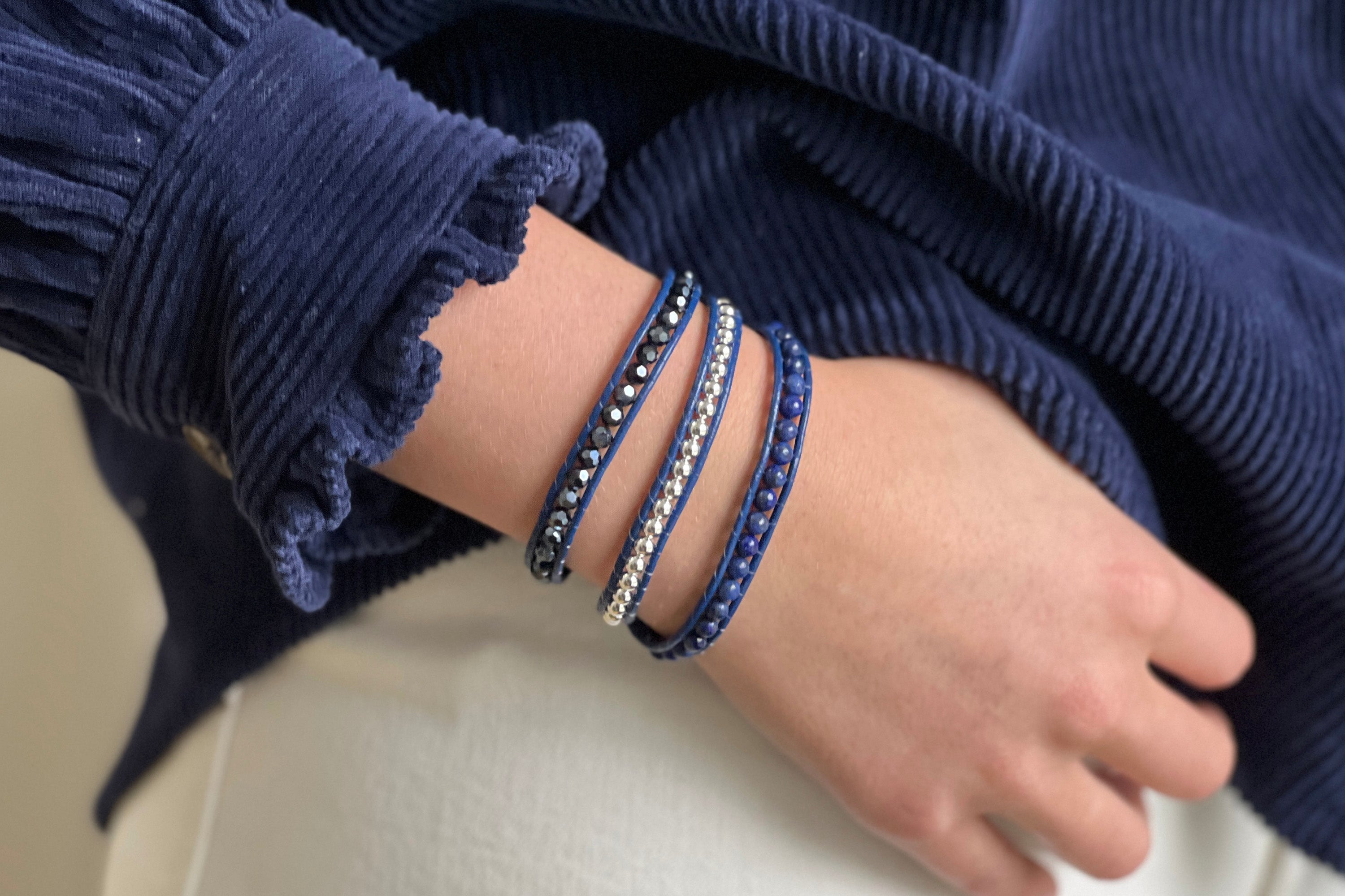 Kyoto Navy Leather 3 Wrap Crystal Bracelet - Boho Betty