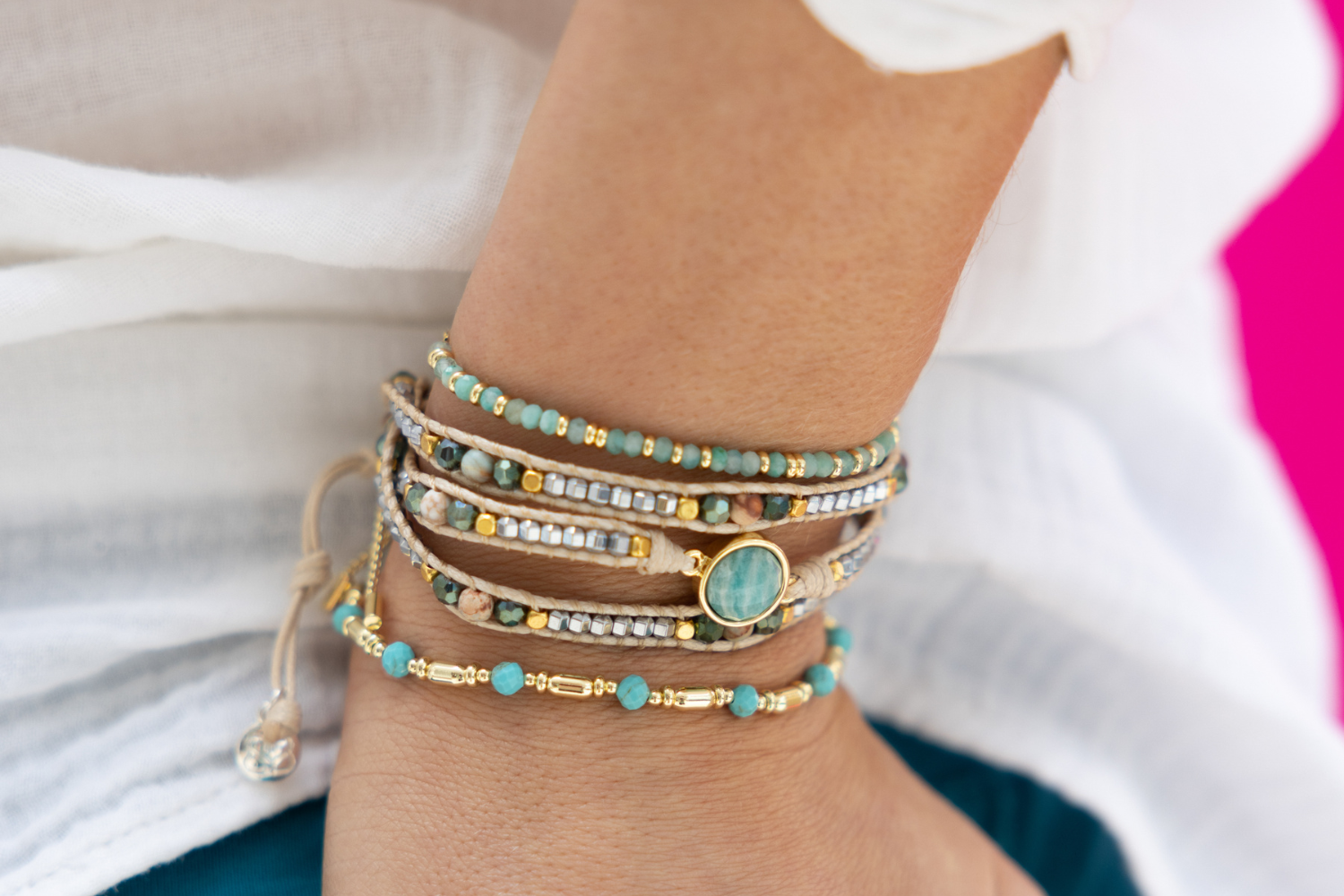 Chloe 3 Layered Aqua & Gold Bracelet Stack - Boho Betty