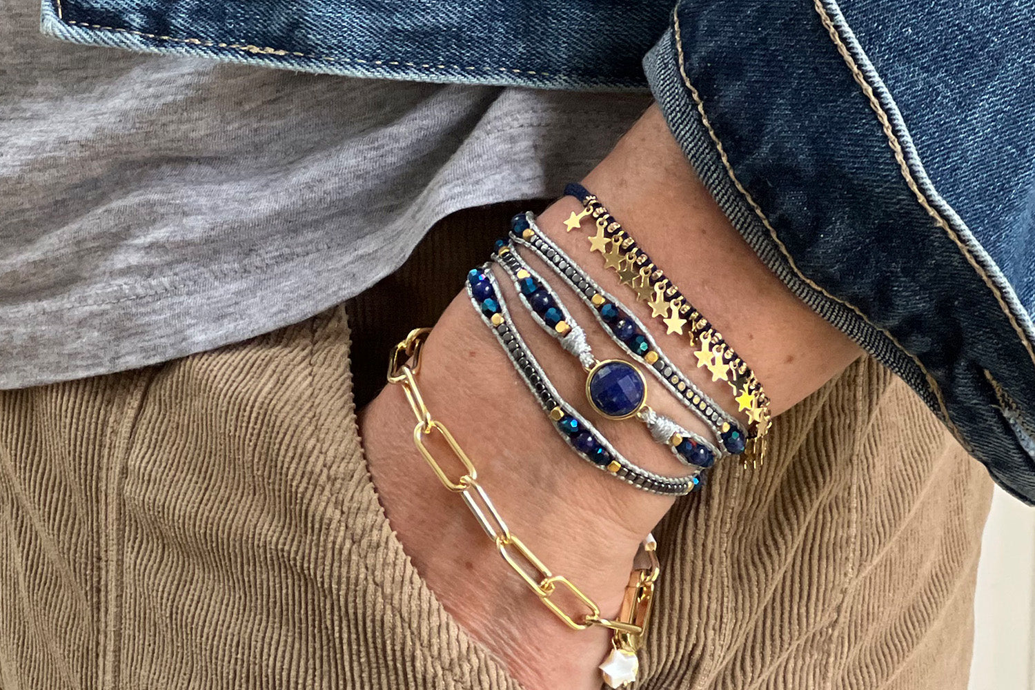 Key West Blue & Gold 3 Layered Bracelet Stack - Boho Betty