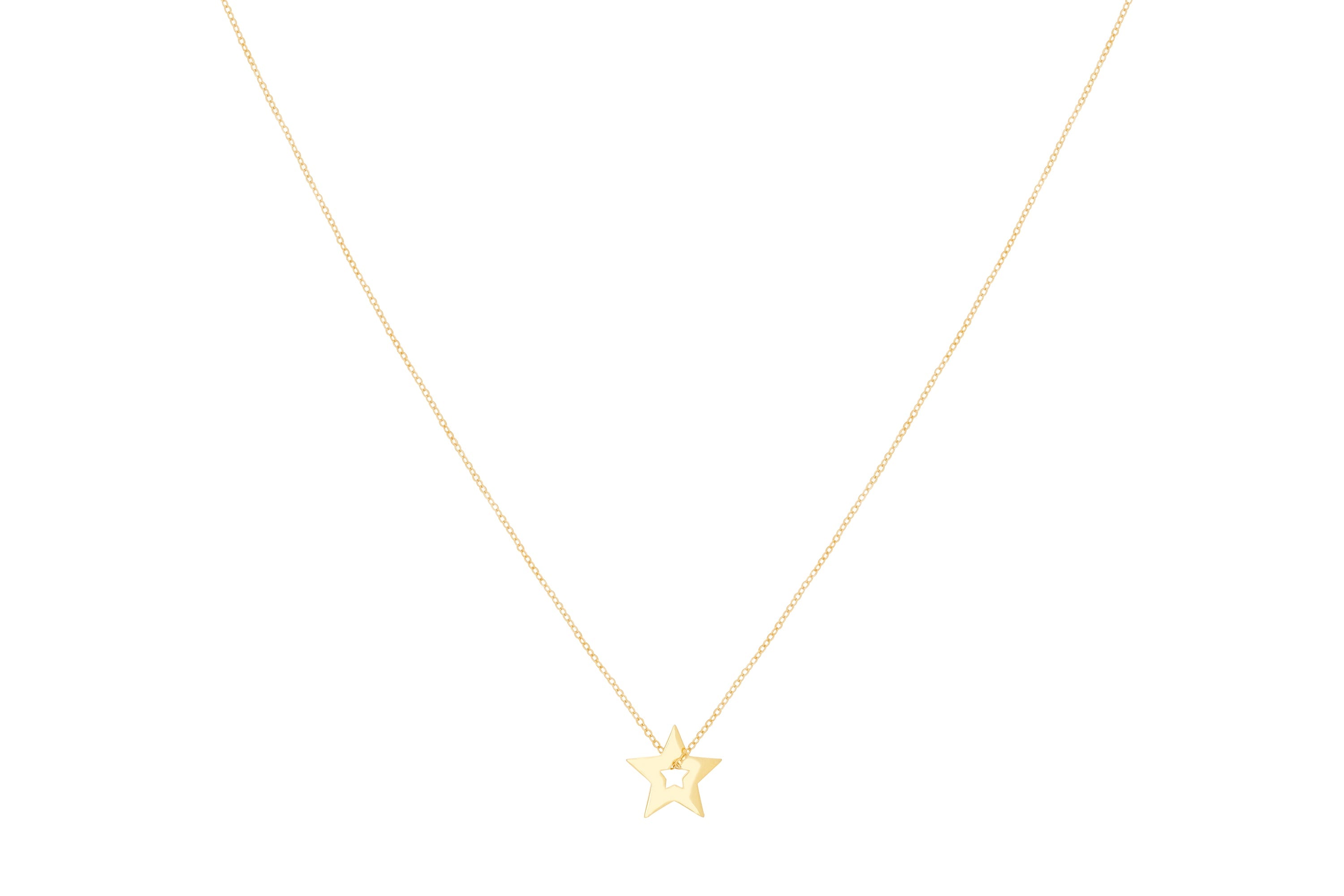 Blitz Hollow 14k Gold Star Necklace featuring a sleek cut-out star charm on an adjustable gold chain, perfect for celestial-inspired layering and gifting.