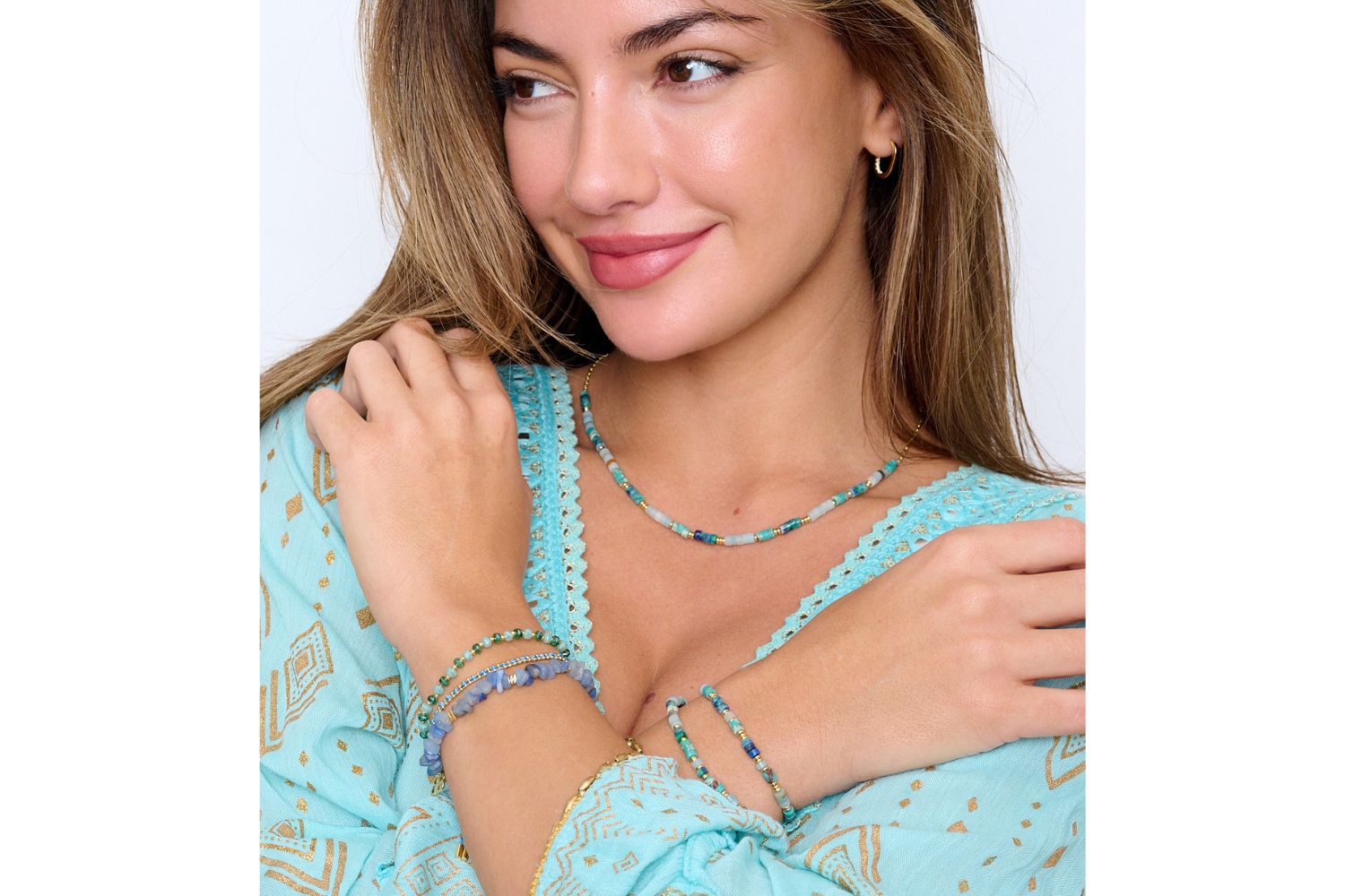 Prunus Aqua & Gold Crystal Stretch Bracelet - Boho Betty