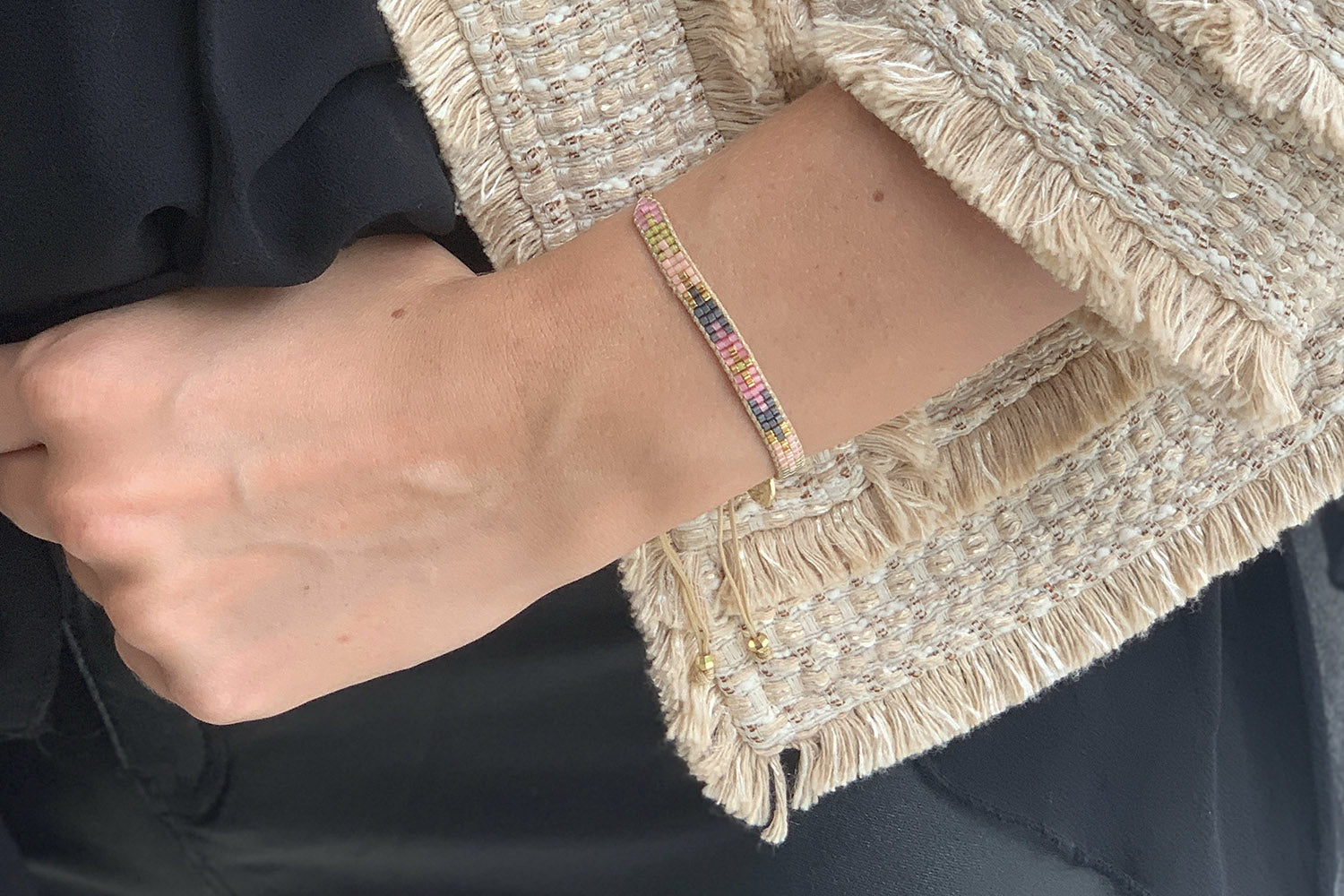 Steamroller Pink & Black Beaded Friendship Bracelet - Boho Betty