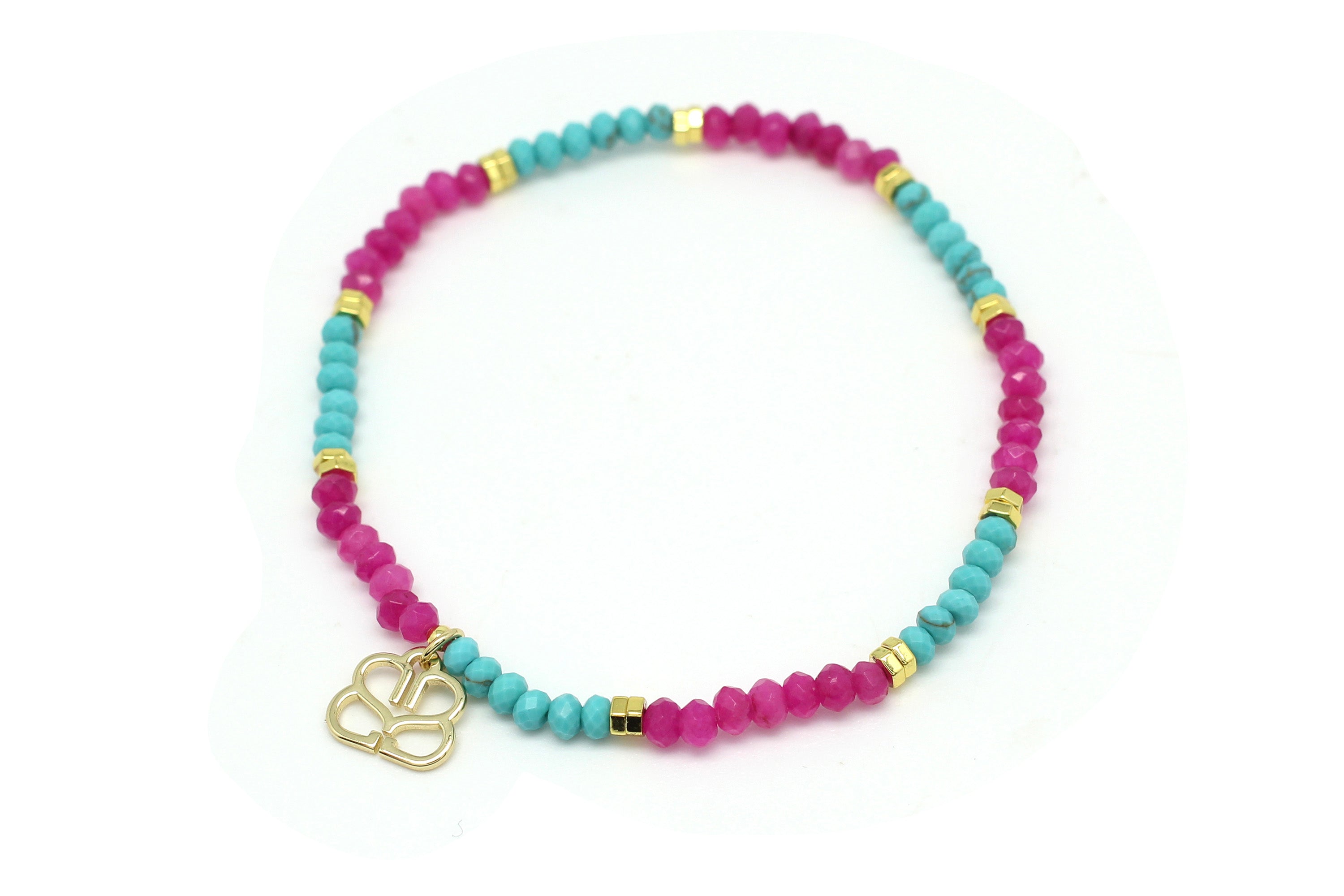 Cerise Pink & Turquoise Beaded Stretch Bracelet - Boho Betty