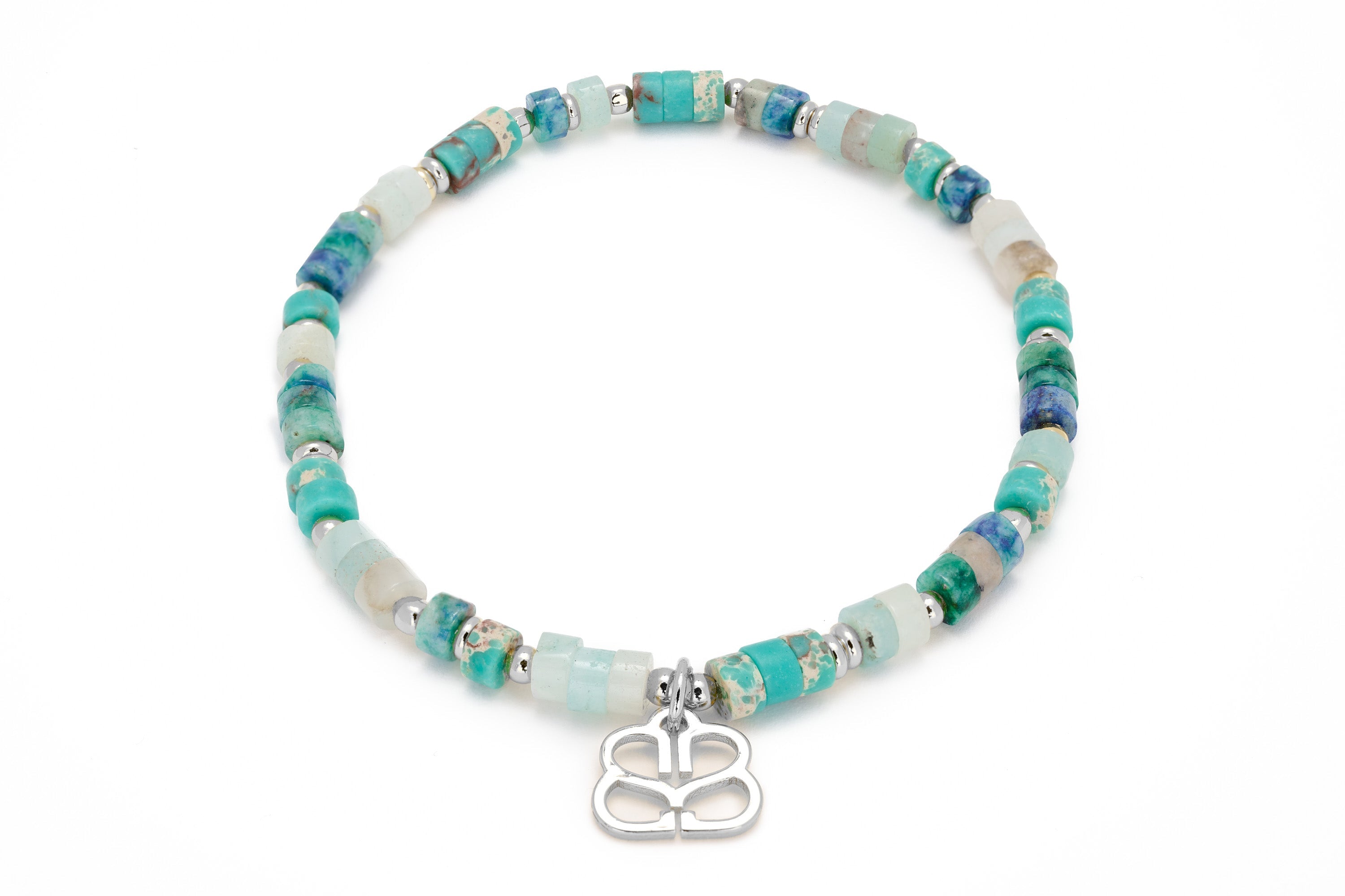 Breeze Blue Silver Gemstone Bracelet featuring amazonite, imperial jasper, and lapis beads with silver accents.