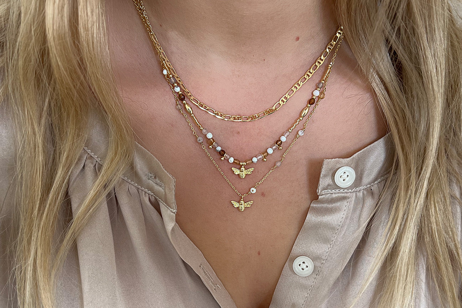 Colletes Gold 2 Layered Gemstone Necklace Set - Boho Betty