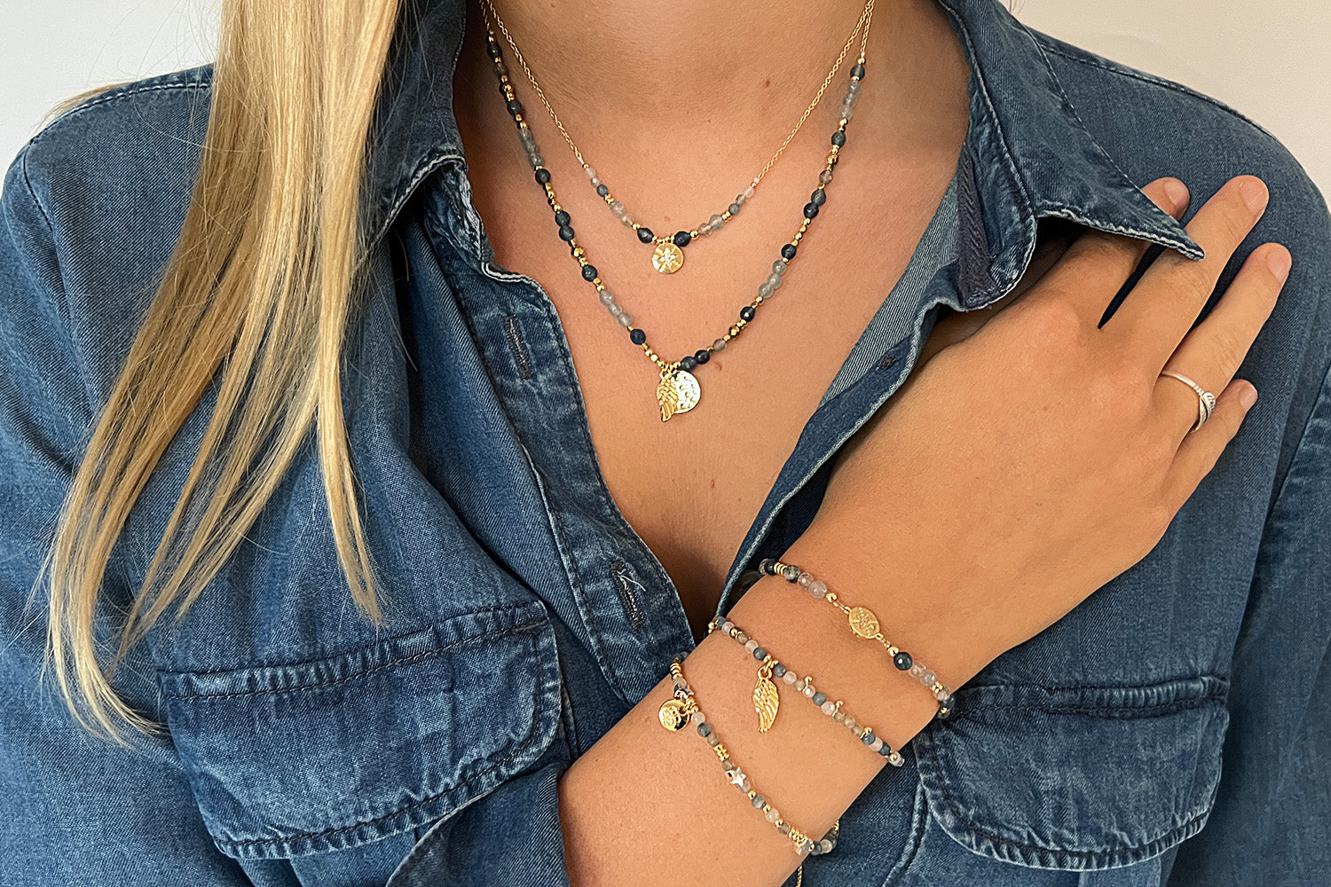 Denim Wing Beaded Necklace and Bracelet Set - Boho Betty