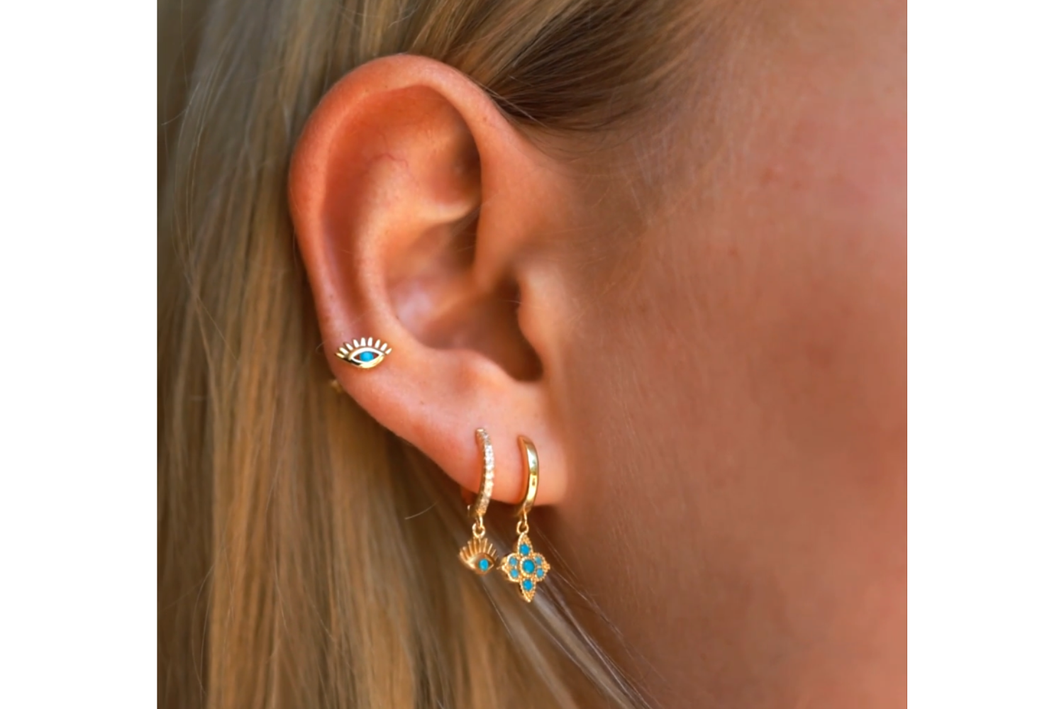 Theron Turquoise CZ Gold Sterling Silver Hoop Earrings - Boho Betty