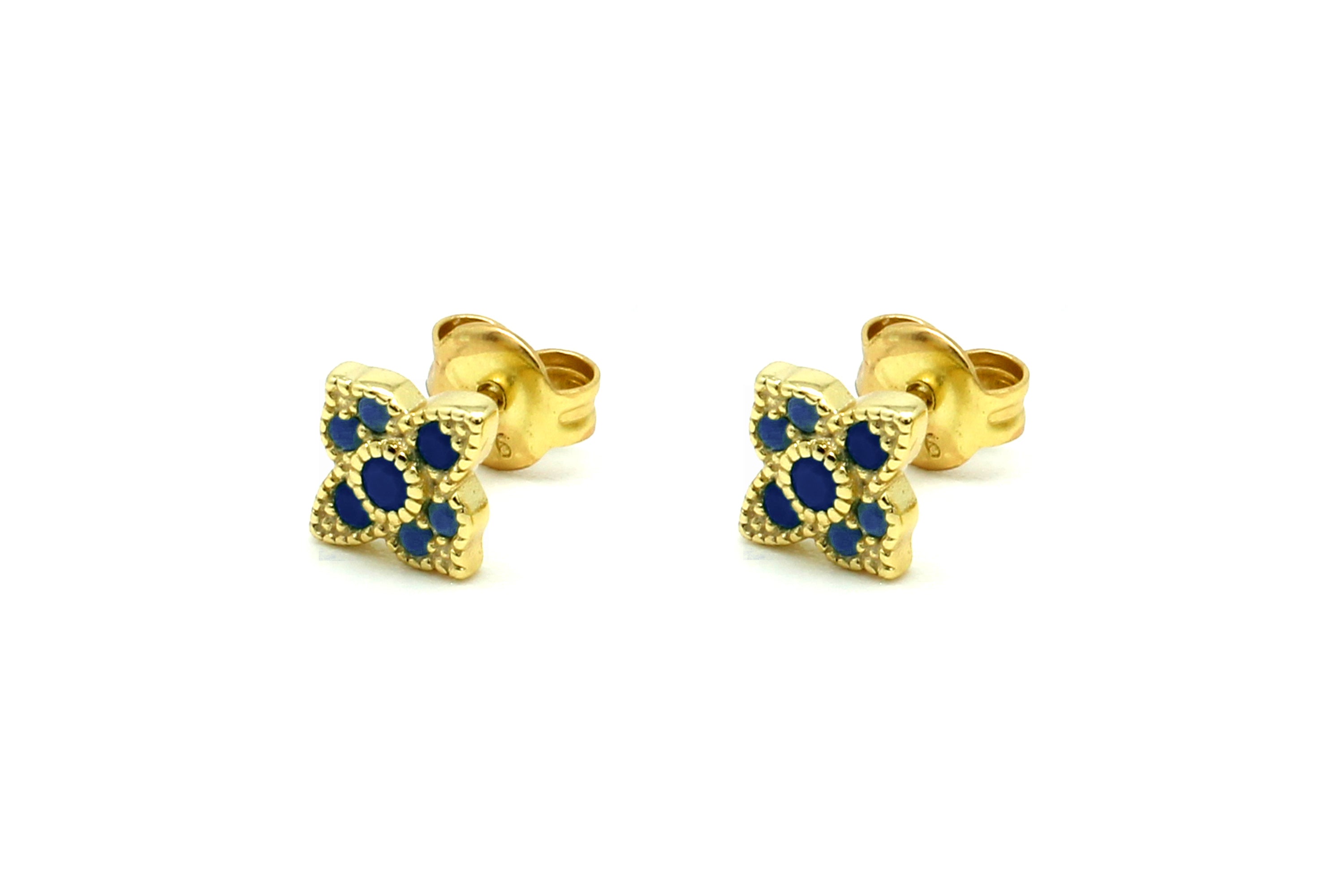 Takia Filigree Blue CZ Gold Stud Earrings - Boho Betty