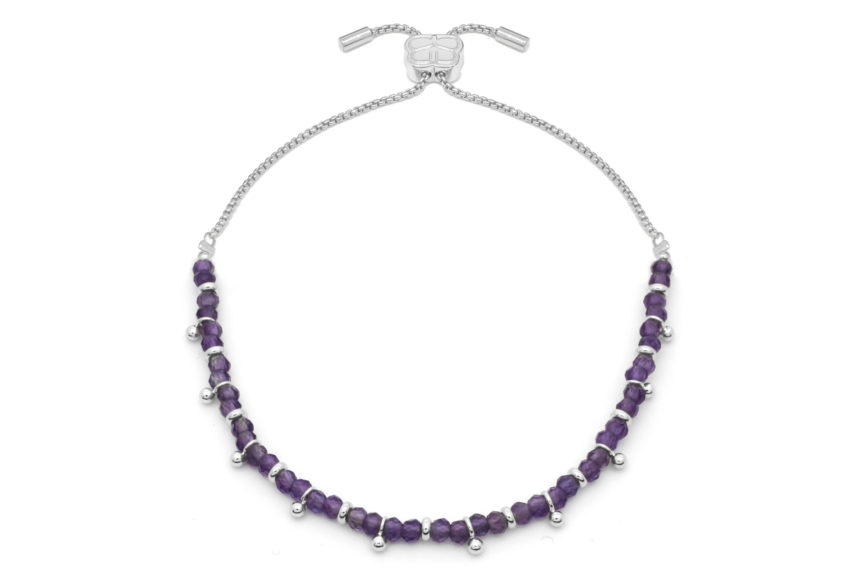 Harmony Amethyst Silver Bracelet featuring faceted amethyst gemstones, silver aura accents, and an adjustable slider chain.