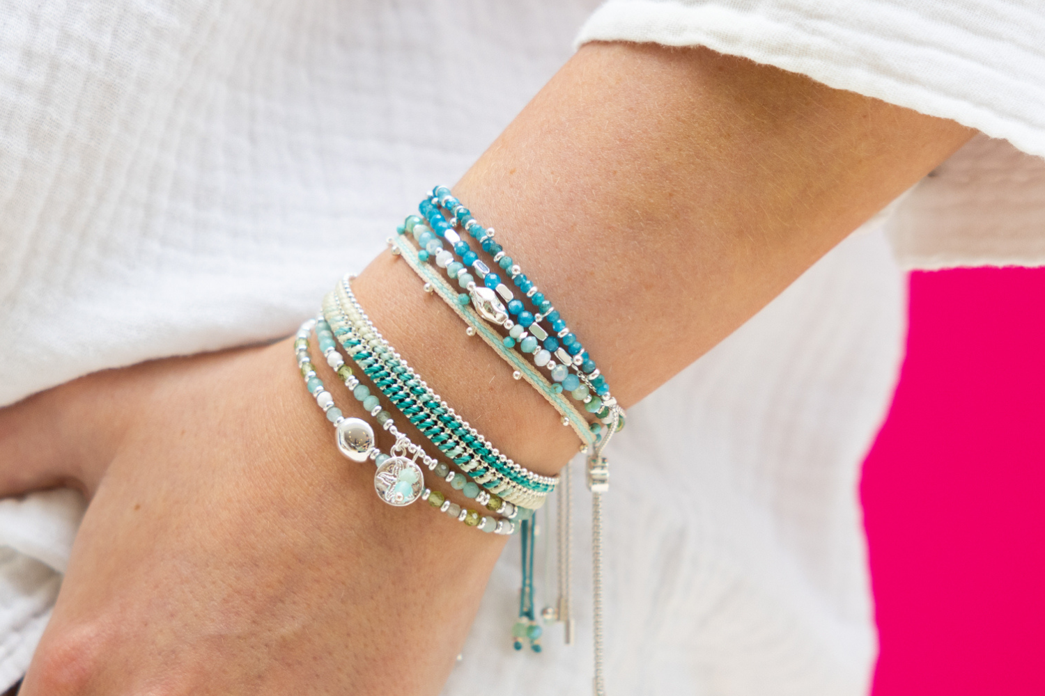 Harmony Apatite Silver Bracelet styled in a relaxed stack with ocean-inspired tones for a peaceful, boho-chic look.