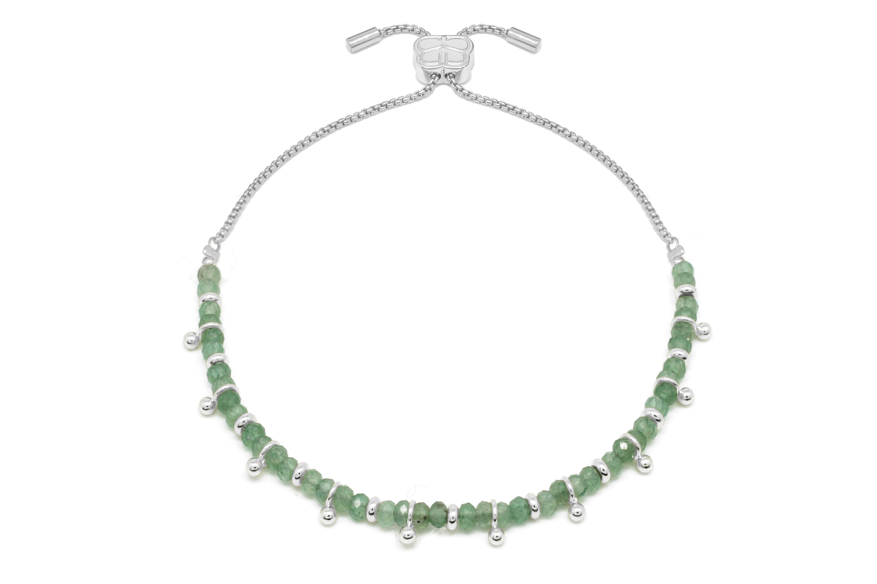 Harmony Chrysoprase Silver Bracelet featuring polished chrysoprase beads, silver aura accents, and an adjustable slider chain.