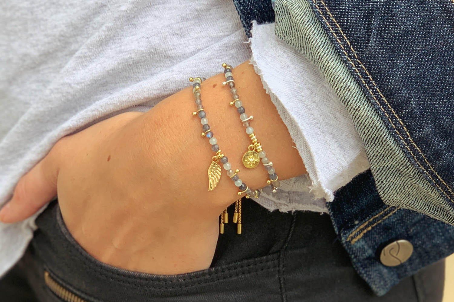 Nashira Denim & Gold Wing Charm Gemstone Bracelet - Boho Betty